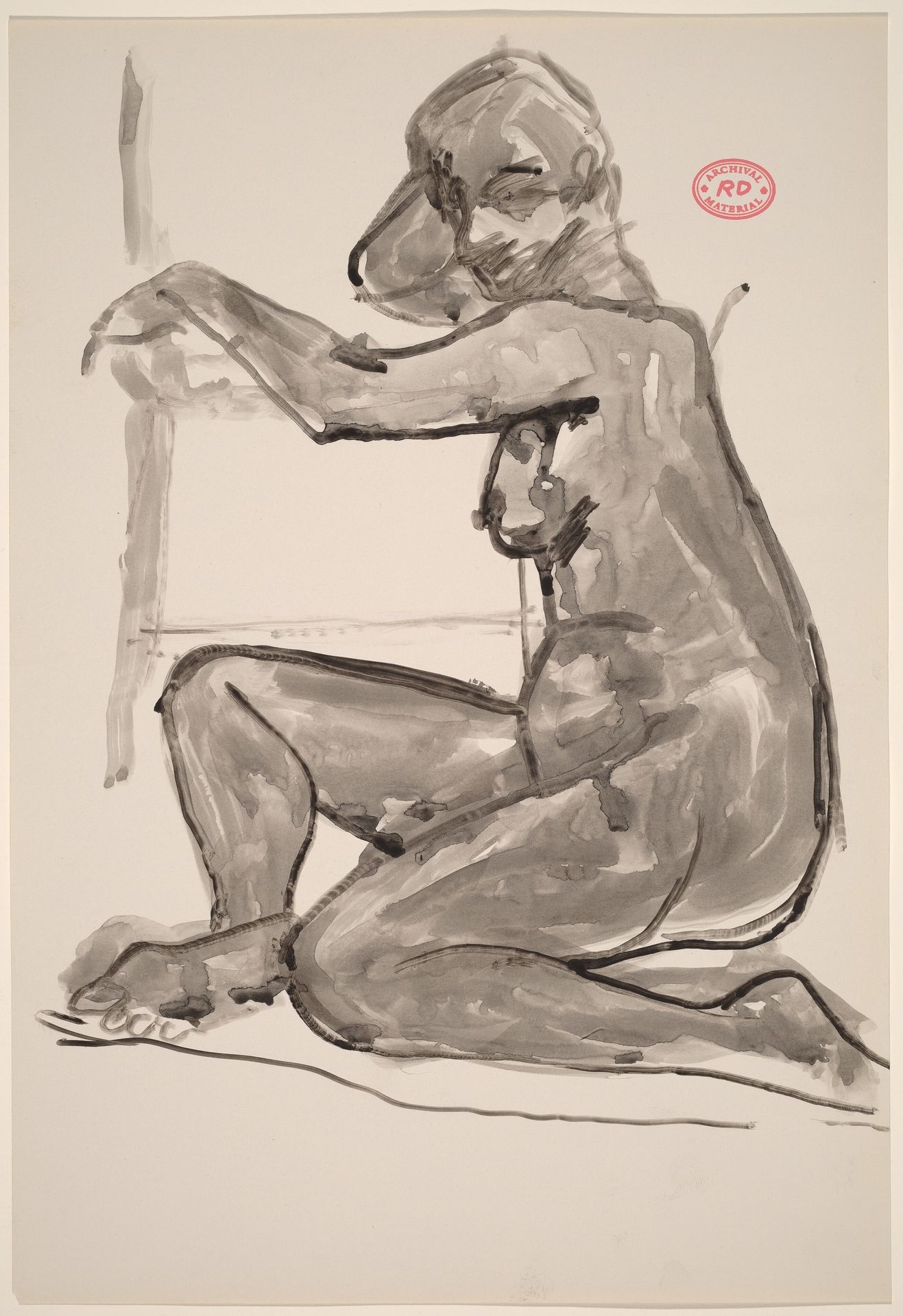 Untitled [female nude seated on floor resting arms on chair] by Richard Diebenkorn