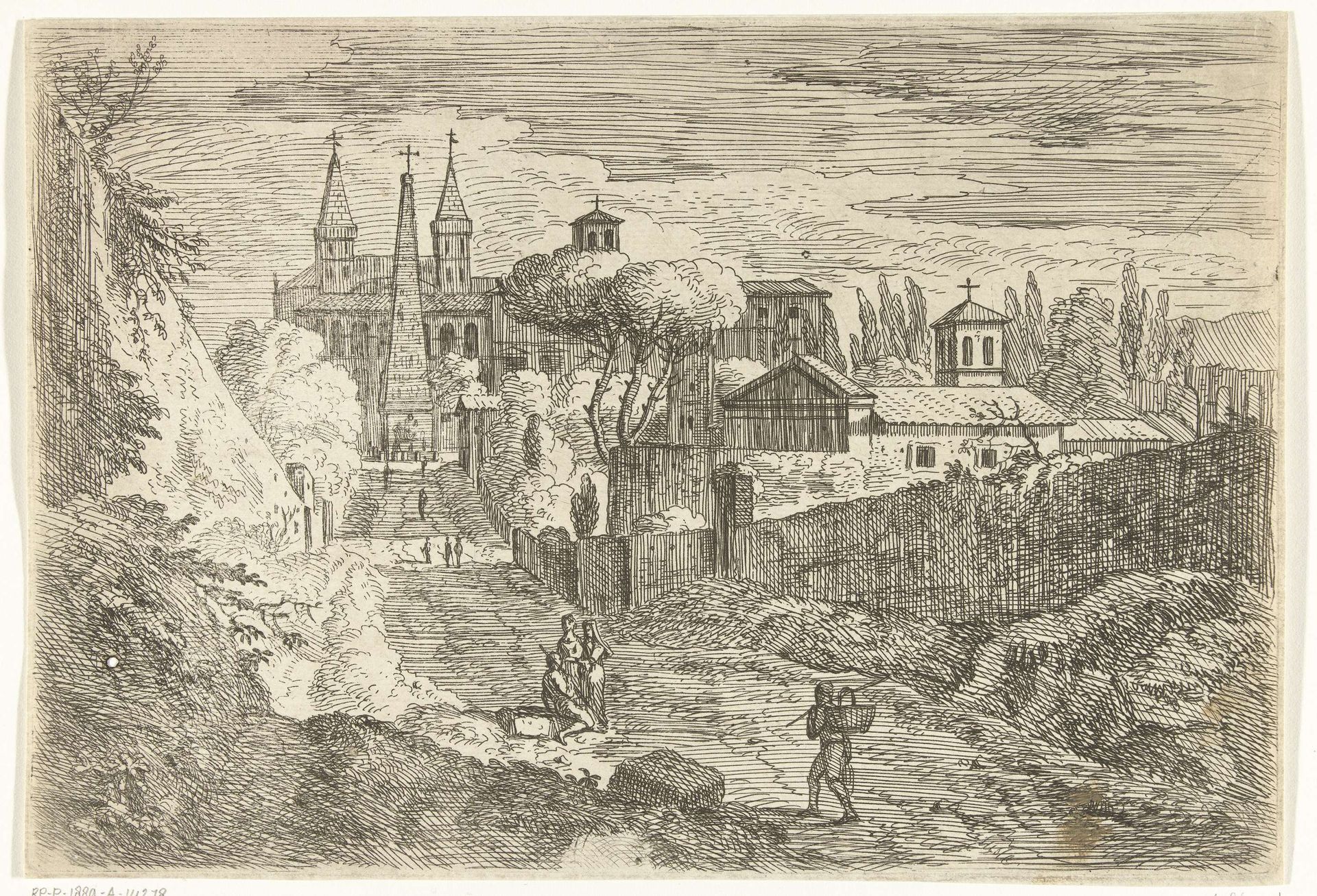 Italianiserend landschap met reizigers bij stadsmuren by Jan Frans van Bloemen
