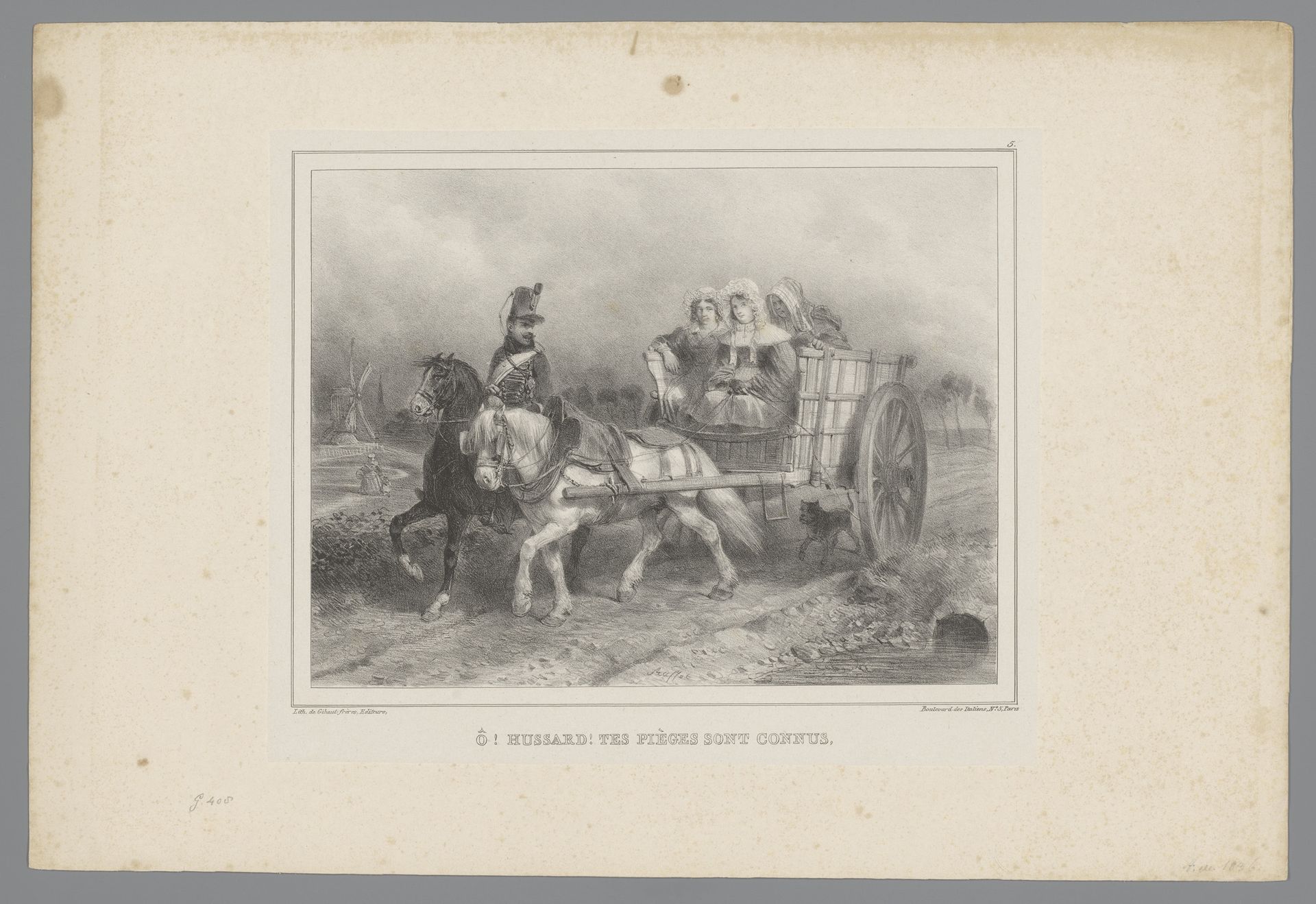 Huzaar op paard rijdt naast kar met drie vrouwen en maakt avances by Auguste Raffet