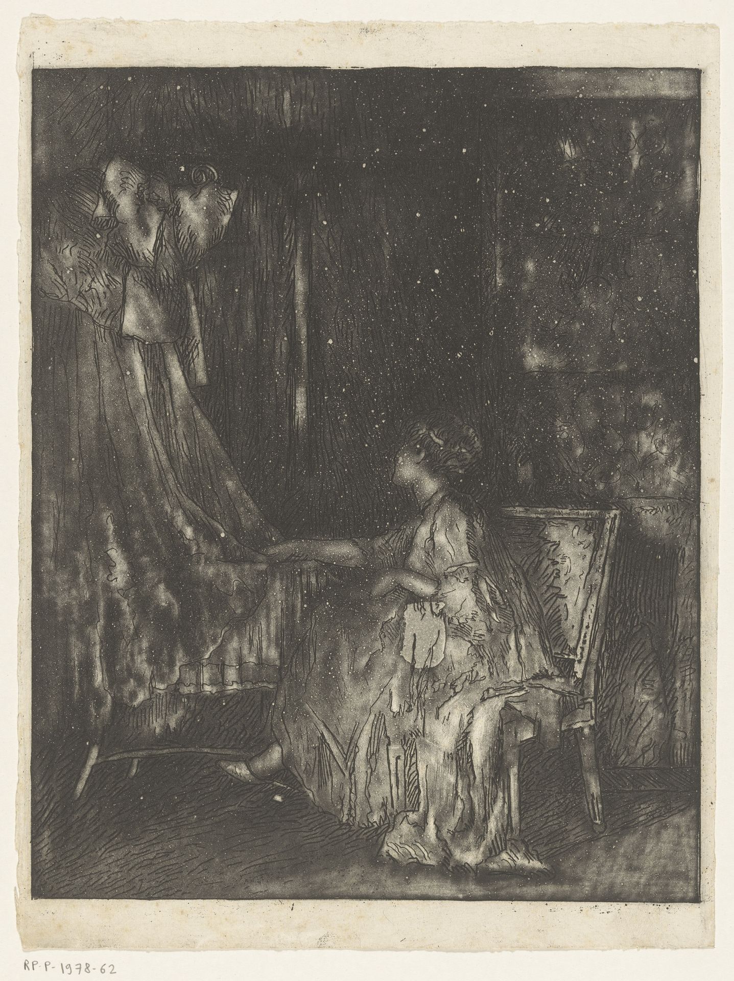 Vrouw die op een stoel naast een wieg zit by Albert Roelofs