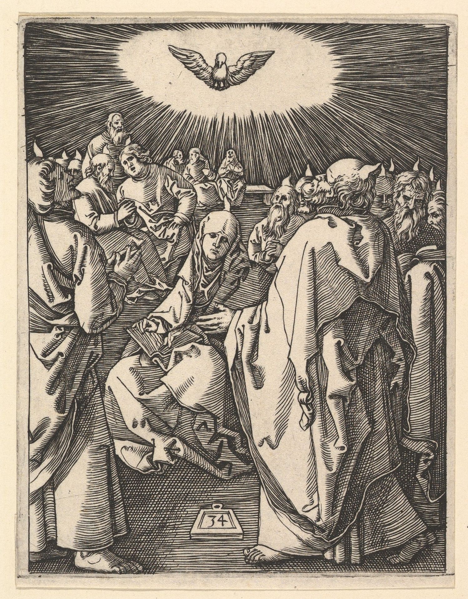 The Pentecost; the Holy Dove appears above, below sits the Virgin surrounded by  Apostles, after Dürer by Marcantonio Raimondi