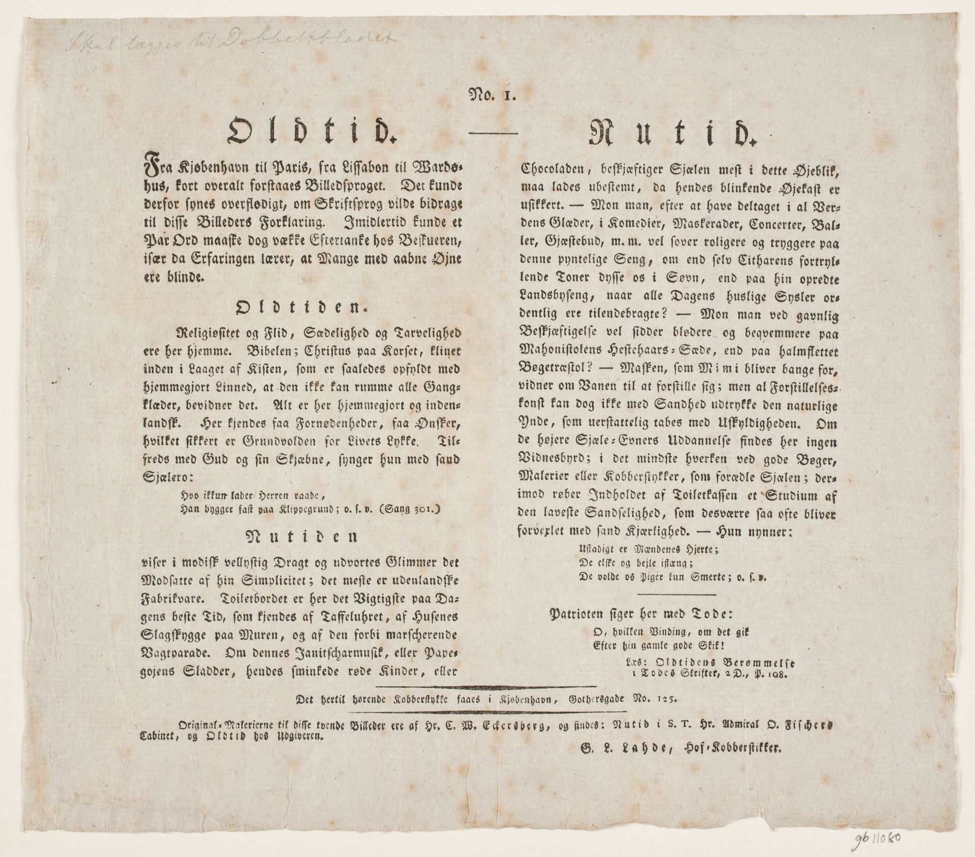Oldtid - Nutid. Tekstblad by Gerhard Ludvig Lahde