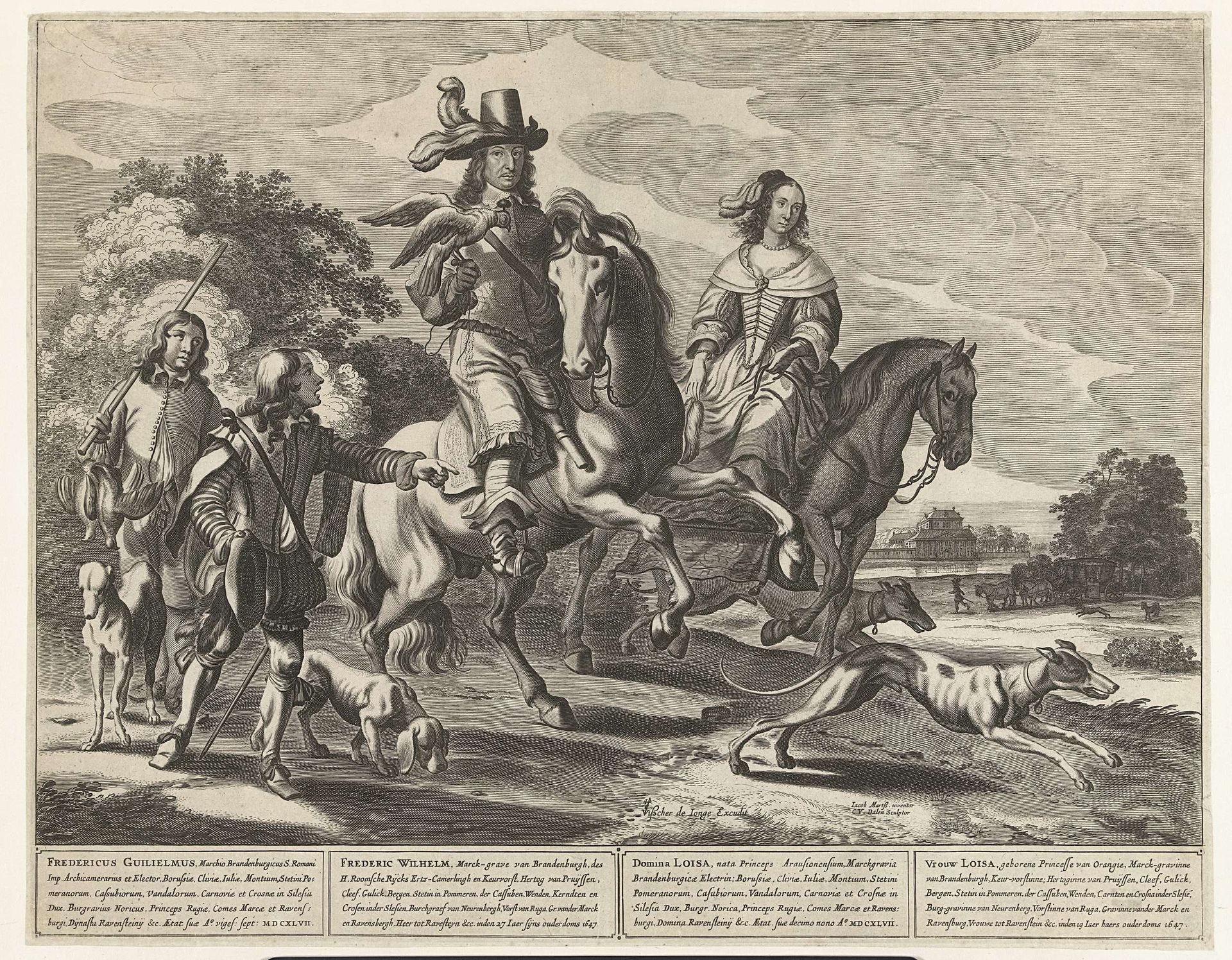 Frederik Willem, keurvorst van Brandenburg en Louise Henriëtte, prinses van Oranje-Nassau tijdens valkenjacht by Cornelis van Dalen I