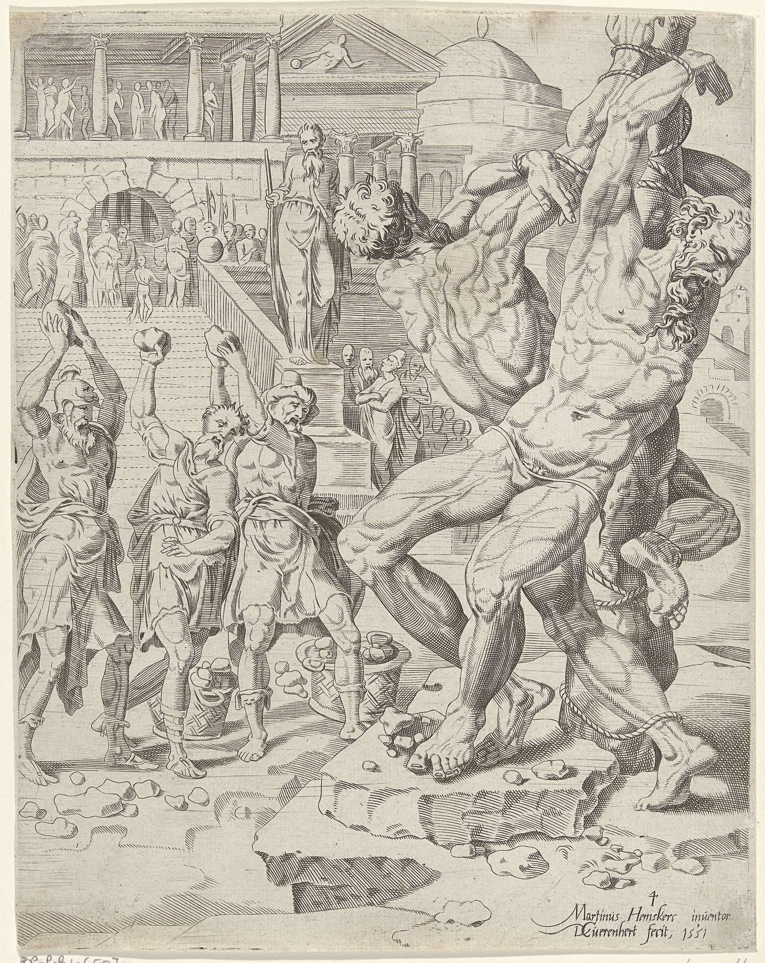 Steniging van de ouderlingen by Dirck Volckertsz Coornhert