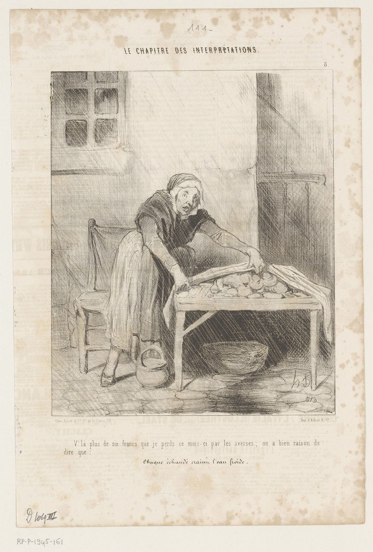Straatverkoopster dekt etenswaren af tegen de regen by Honoré Daumier
