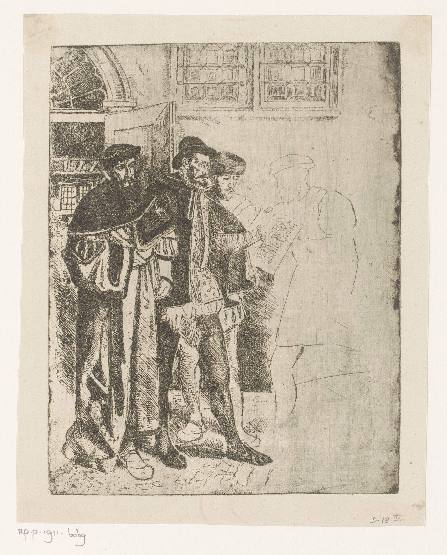 Plantijn en drie anderen in de drukkerij by Henri Leys