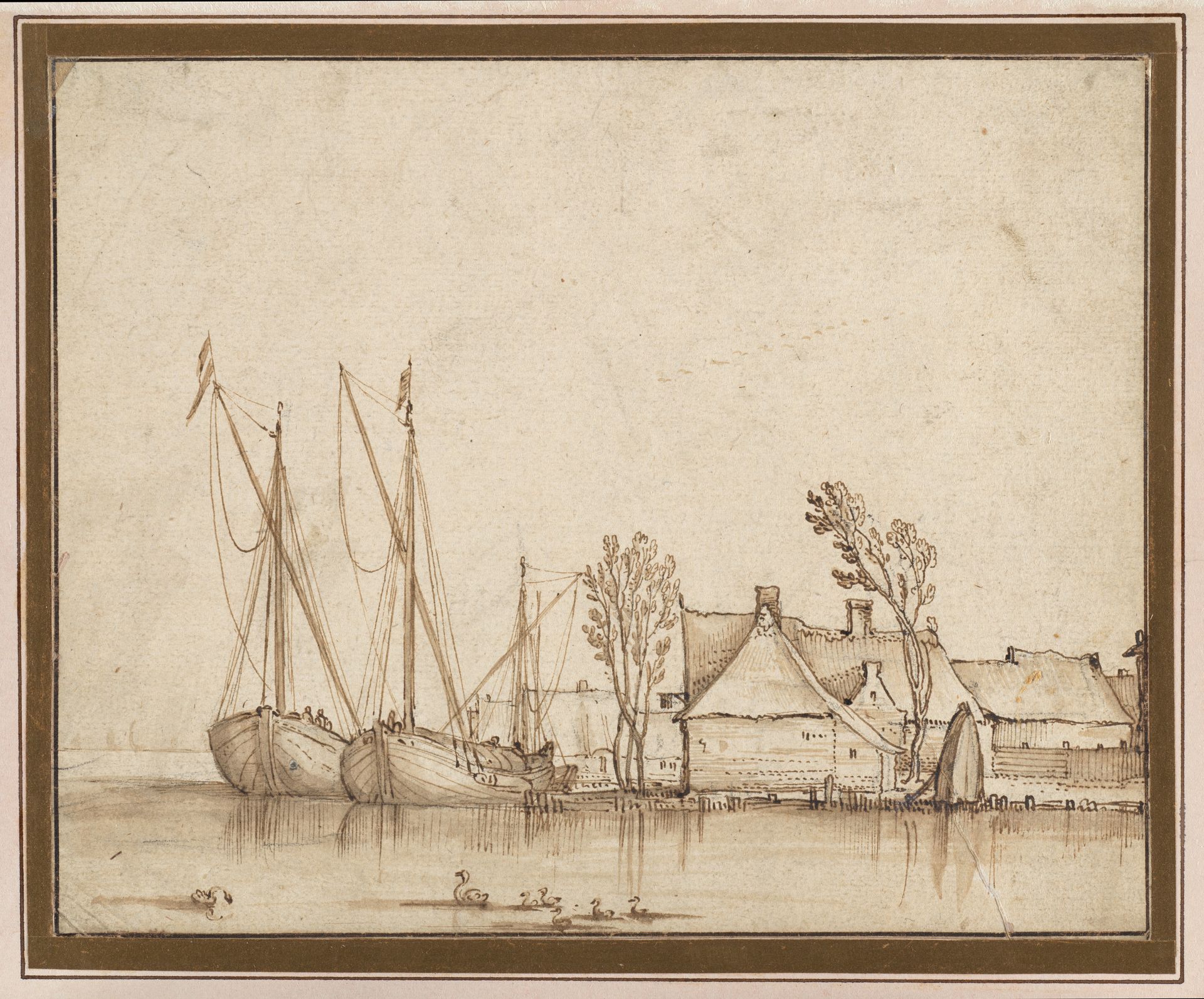Barges Moored by Cottages by Claes Jansz. Visscher