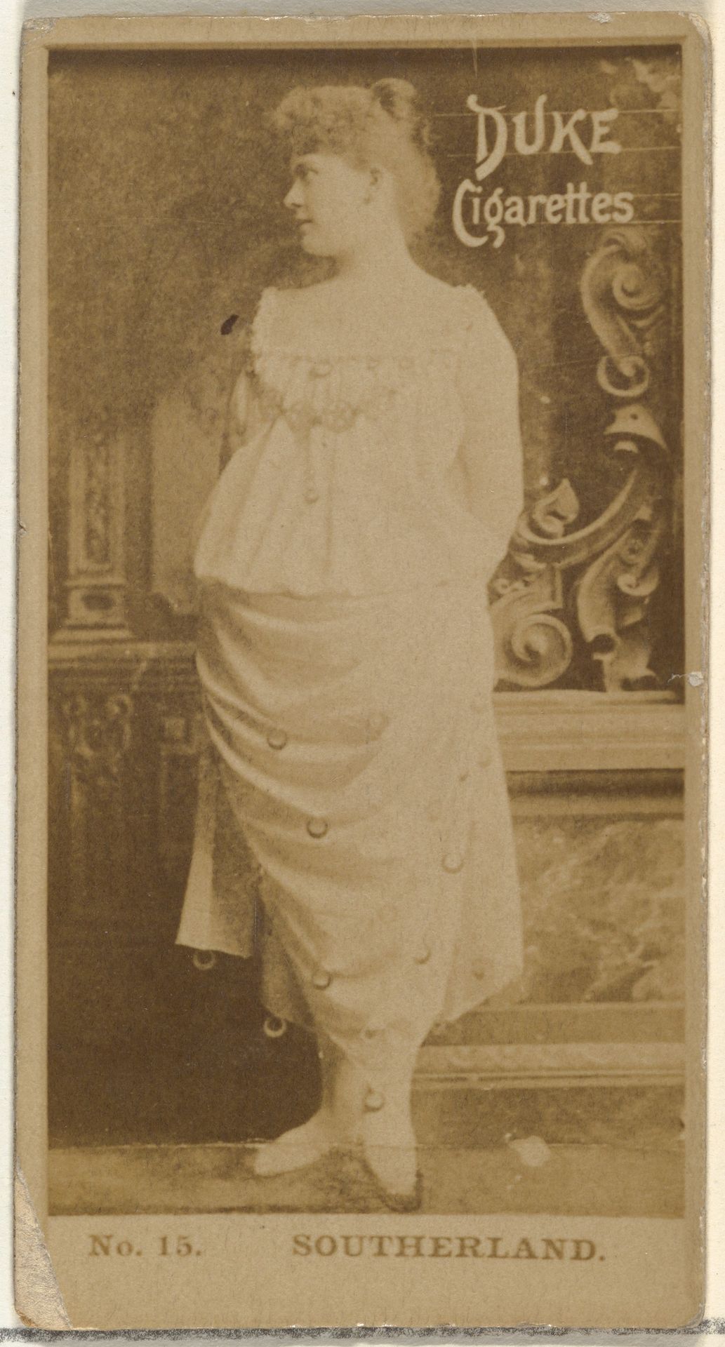Card Number 15, Miss Southerland, from the Actors and Actresses series (N145-6) issued by Duke Sons & Co. to promote Duke Cigarettes by W. Duke, Sons & Co.