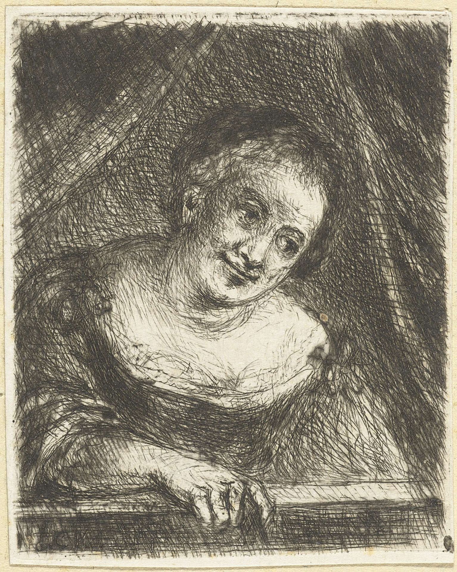 Vrouw achter een balustrade by Jan Chalon
