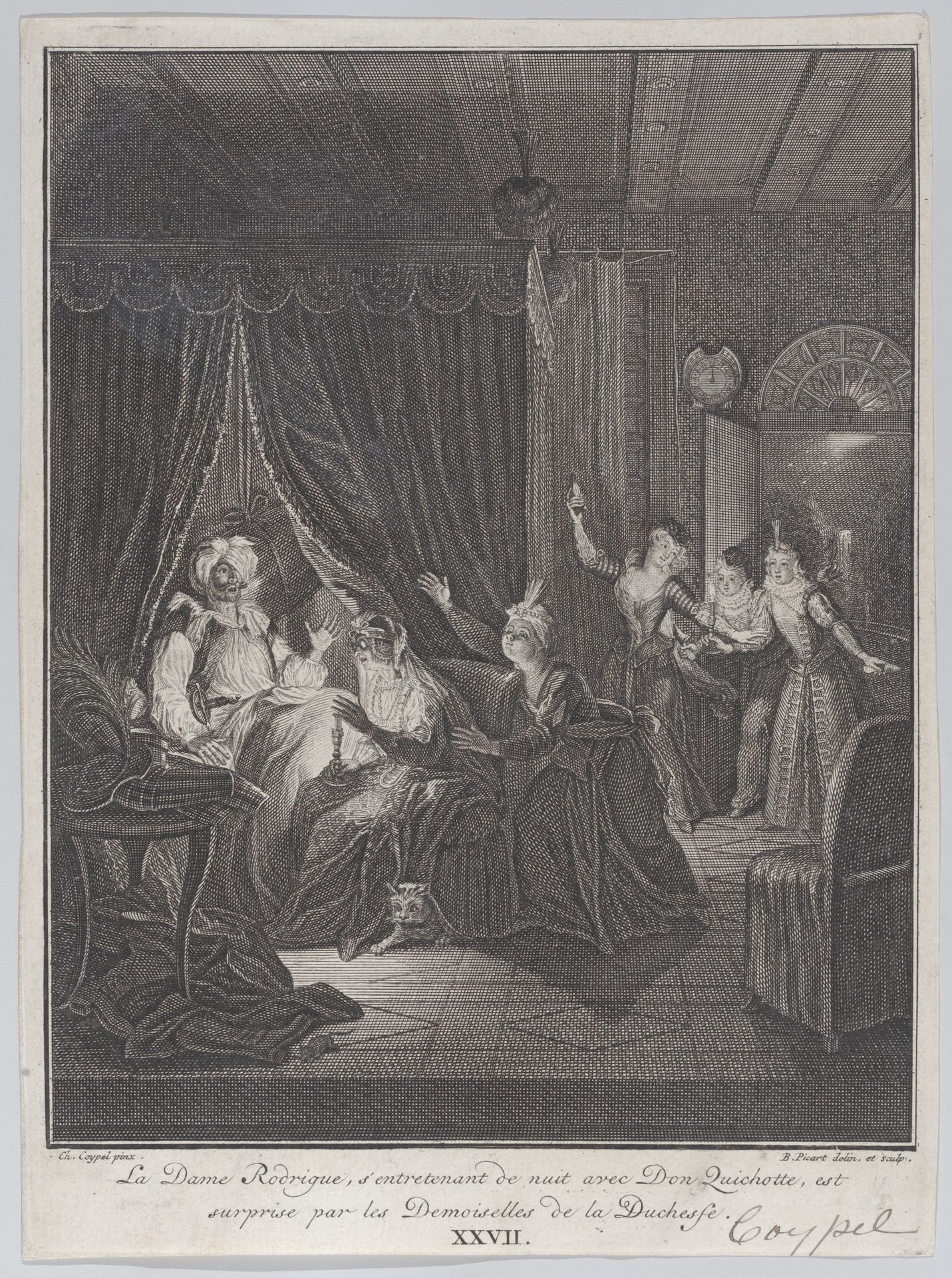 Plate 27: Doña Rodriguez, who is speaking at night with Don Quixote, is surprised by the ladies of the Duchess (La Dame Rodrigue, s'entretenant de nuit avec Don Quichotte, est suprise par les Demoiselles de las Duchesse) by Bernard Picart
