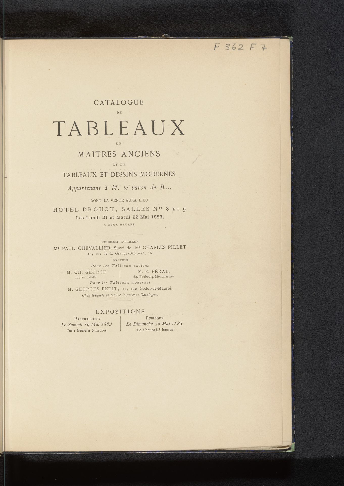 Catalogue de tableaux de maitres anciens et de tableaux et dessins modernes : appartenant à M. le baron de B... by Drouot