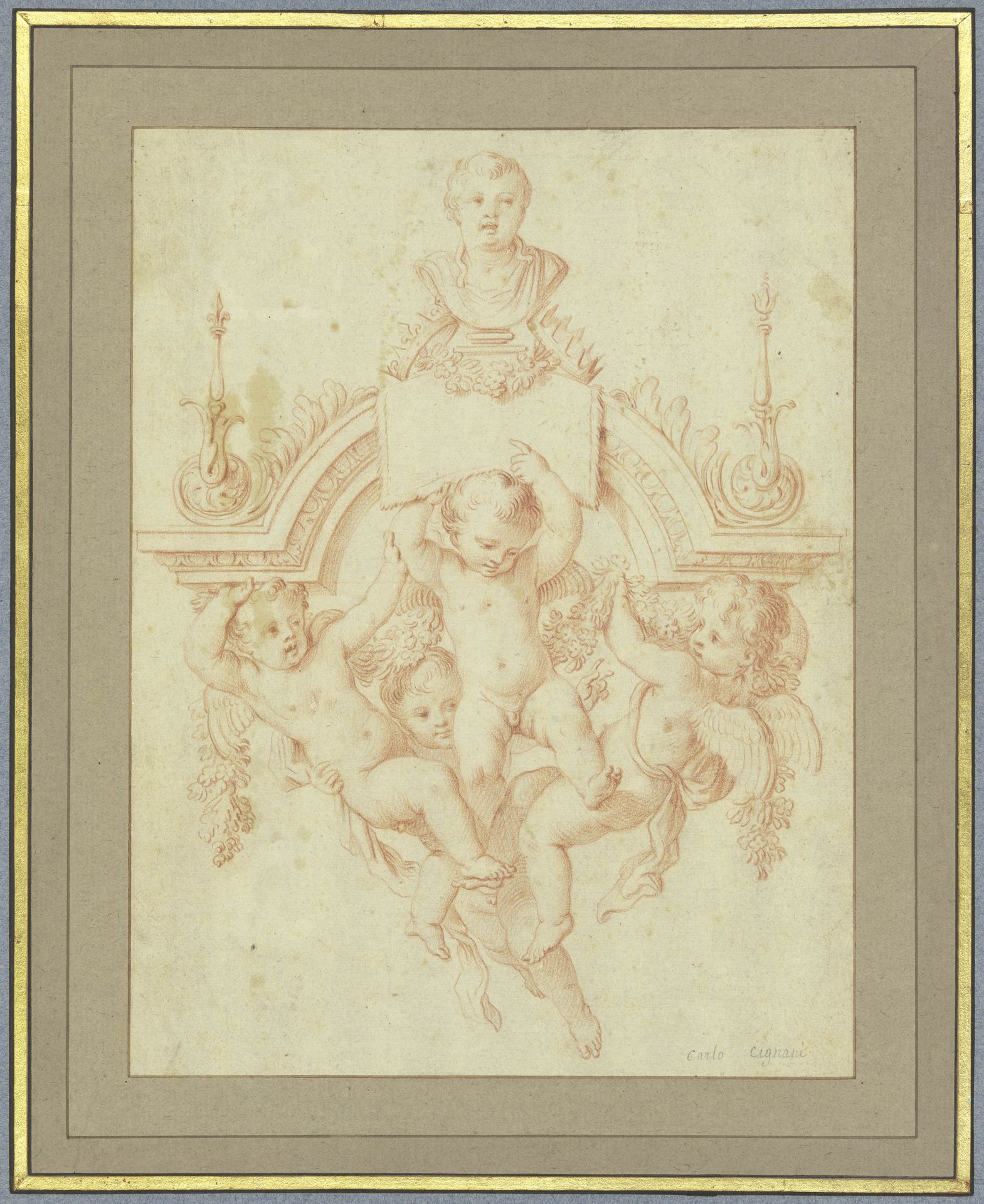 Vier Amoretten tragen ein Gesims mit einer Büste by Louis Testelin