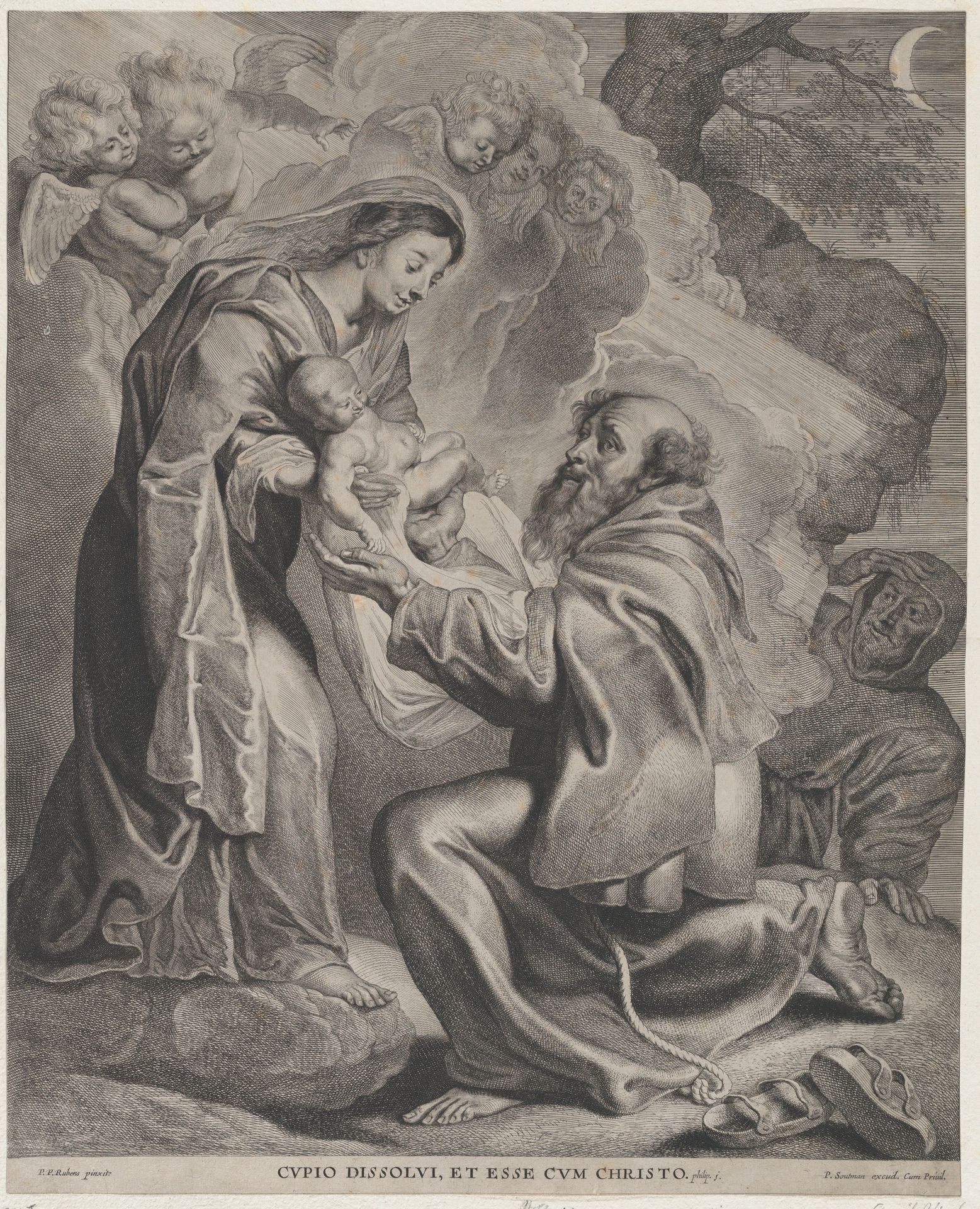 The Vision of Saint Francis, kneeling at right, receiving the Christ child from the Virgin Mary by Cornelis Visscher