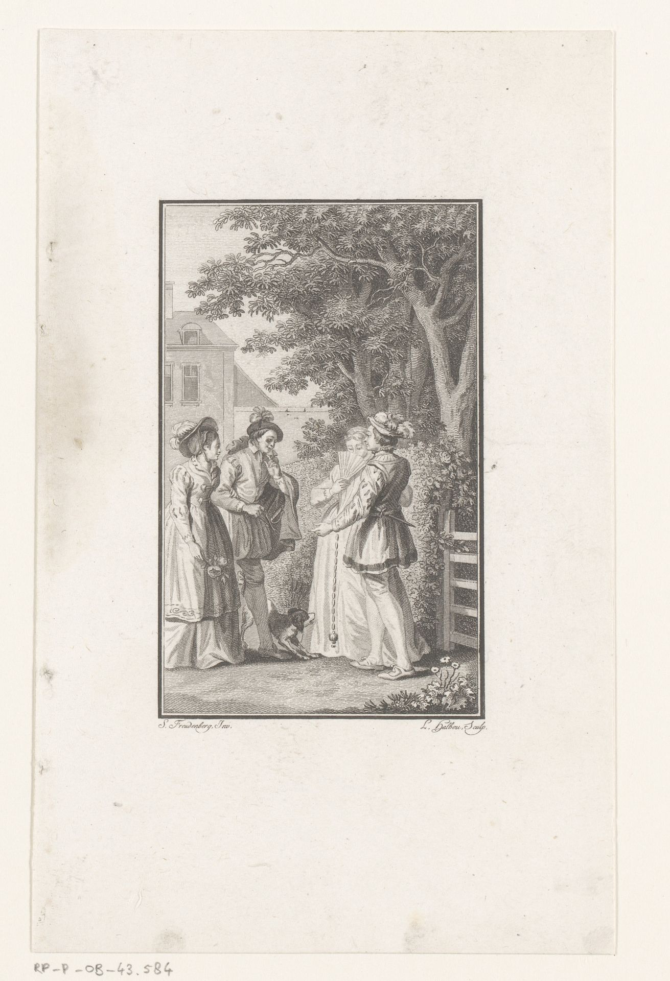 Twee elegante paren ontmoeten elkaar in een tuin by Louis Michel Halbou
