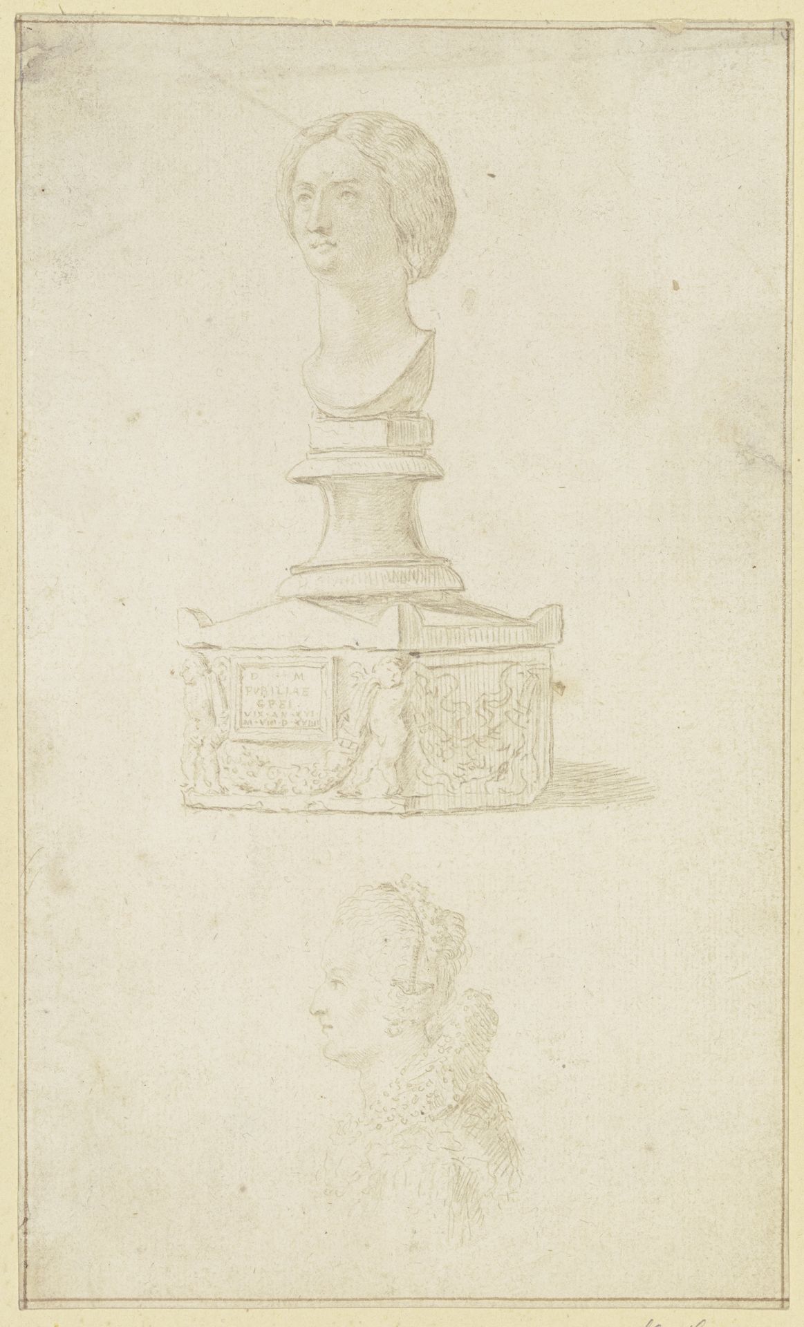 Antike Aschenurne, darauf stehend antiker Frauenkopf, darunter Brustbild einer Frau im Kostüm des 17. Jahrhunderts by Wenceslaus Hollar