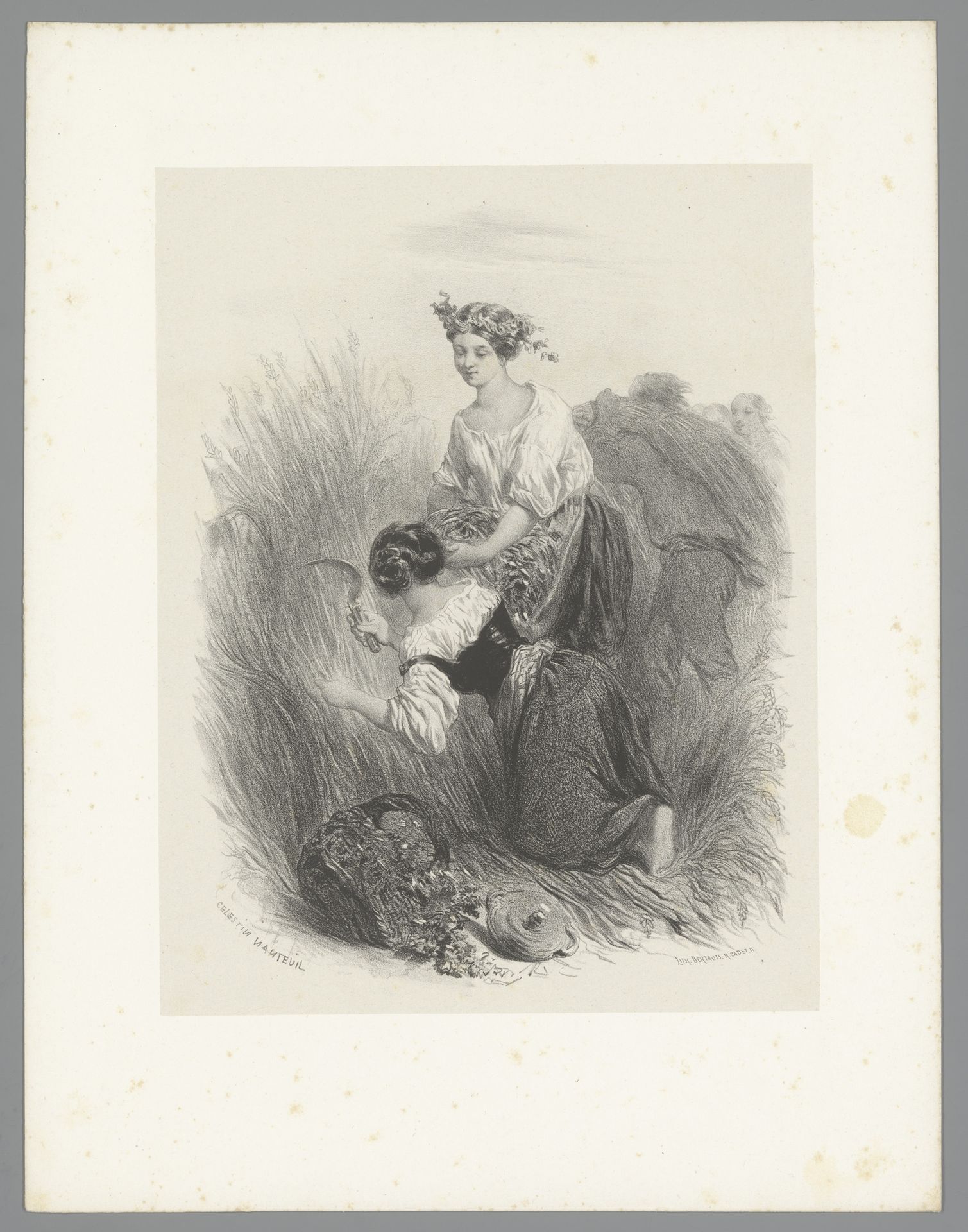 Twee vrouwen oogsten koren by Célestin Nanteuil