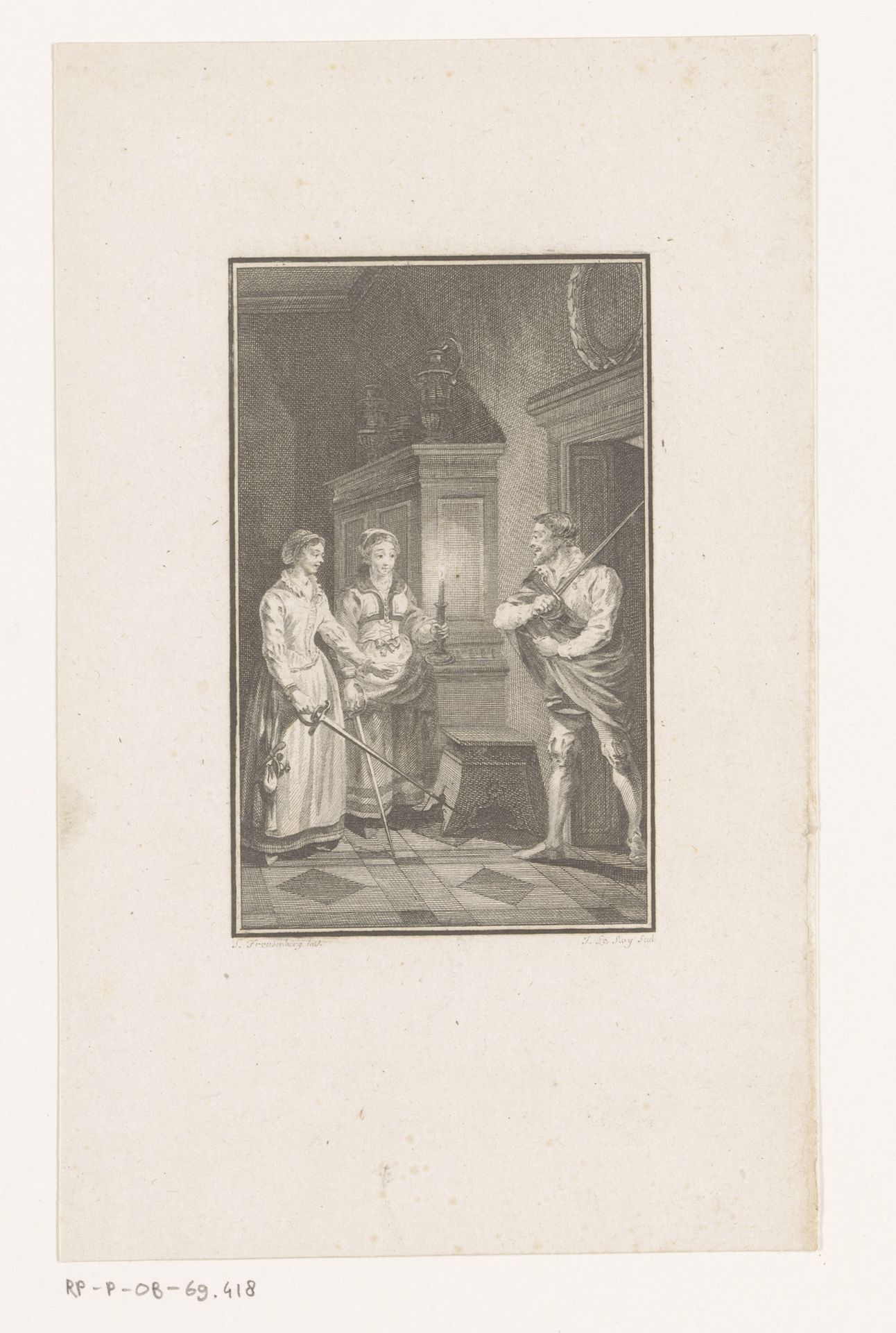 Twee vrouwen en een man met een degen in een interieur by Jacques Le Roy