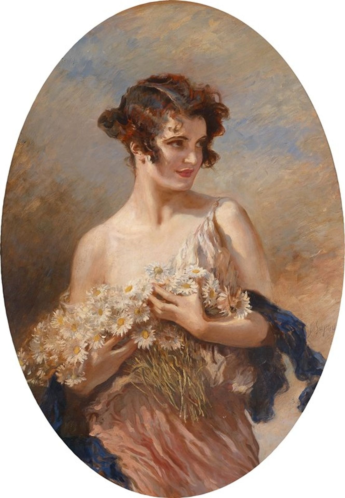 Dame mit Margeritenstrauß by Leopold Schmutzler
