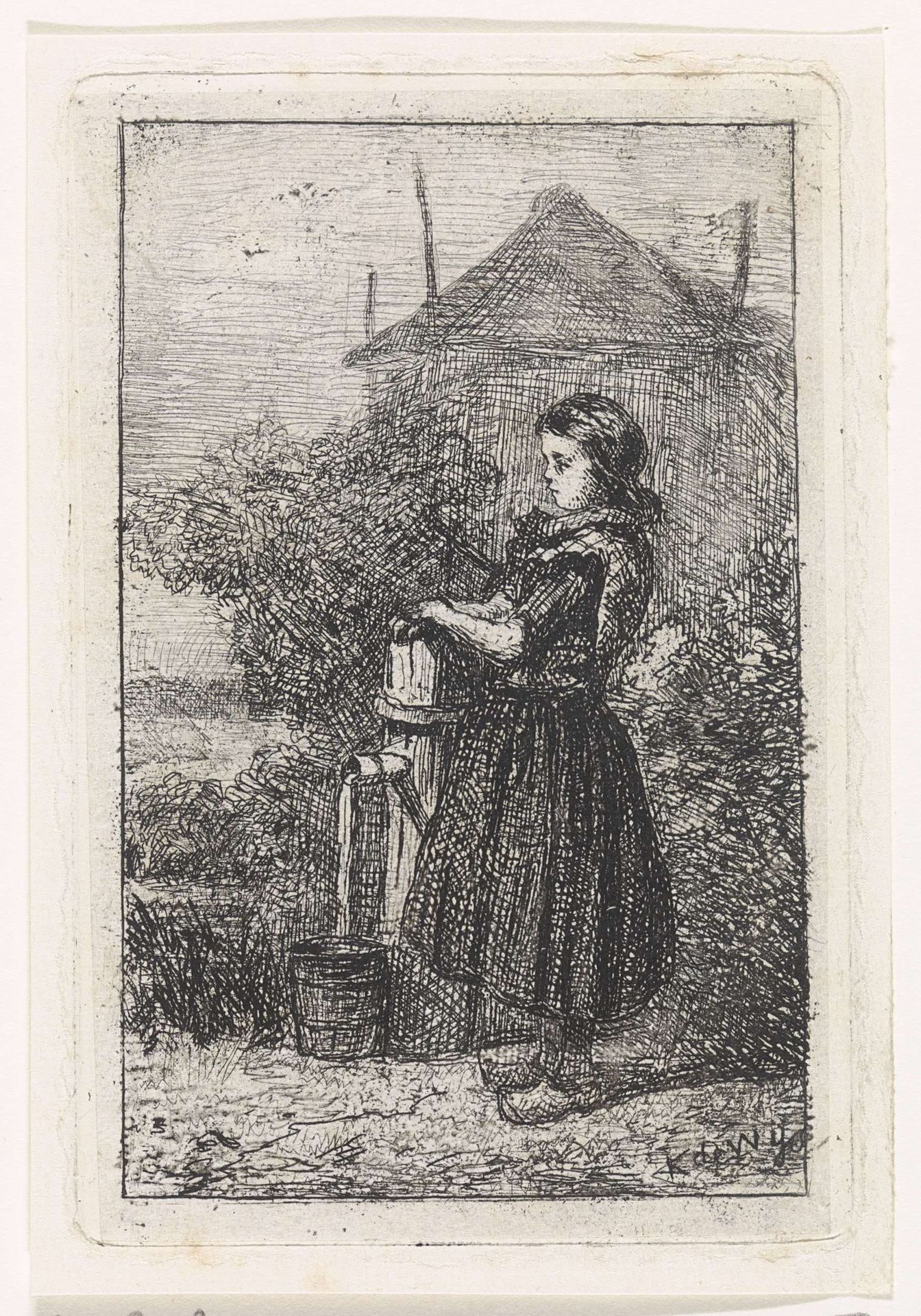 Meisje bij een waterpomp by Kornelis Jzn de Wijs