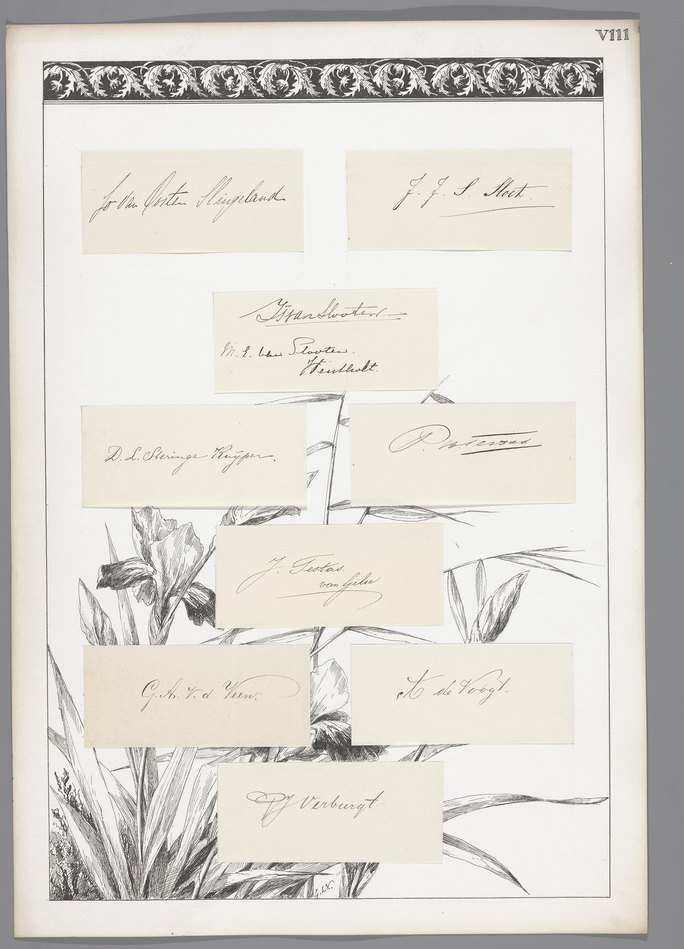 Acht handtekeningen geplakt op een blad met irissen en decoratieve rand by George Lourens Kiers