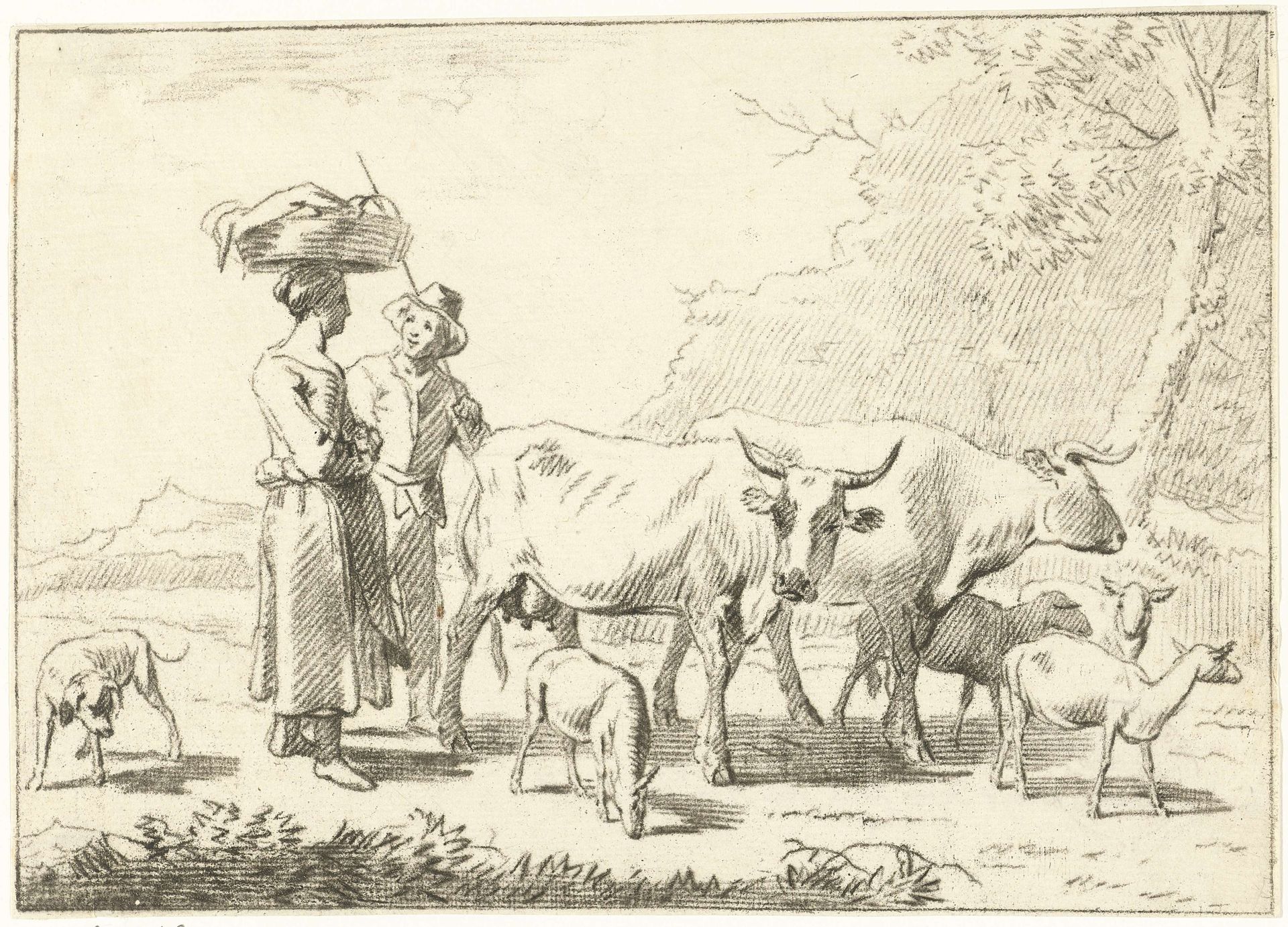Herder en een vrouw met koeien en schapen by Cornelis van Noorde