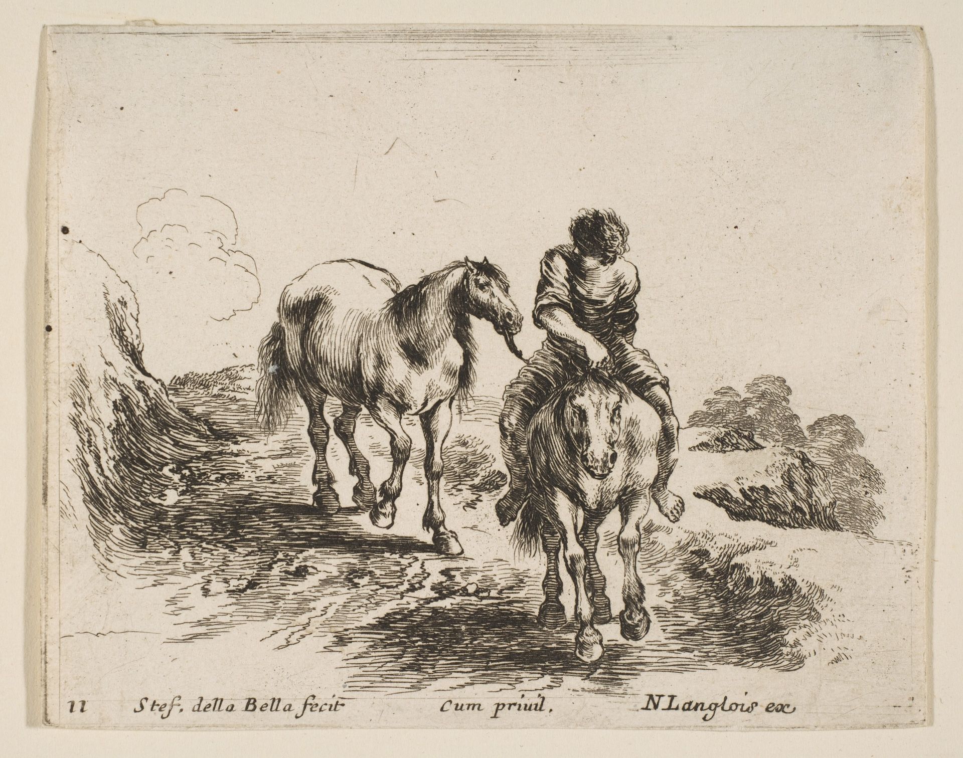 Plate 11: a young horseman, seen from the front, leading another horse, from 'Diversi capricci' by Stefano della Bella