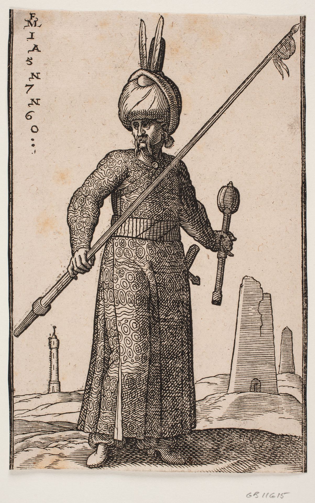 Standing soldier, seen from the front; in his right hand, a lance with a pennant on the tip; in his left hand, a club; on his head, a turban with two feathers; in the landscape, a "lighthouse" and a couple of obelisk-like buildings by Melchior Lorck