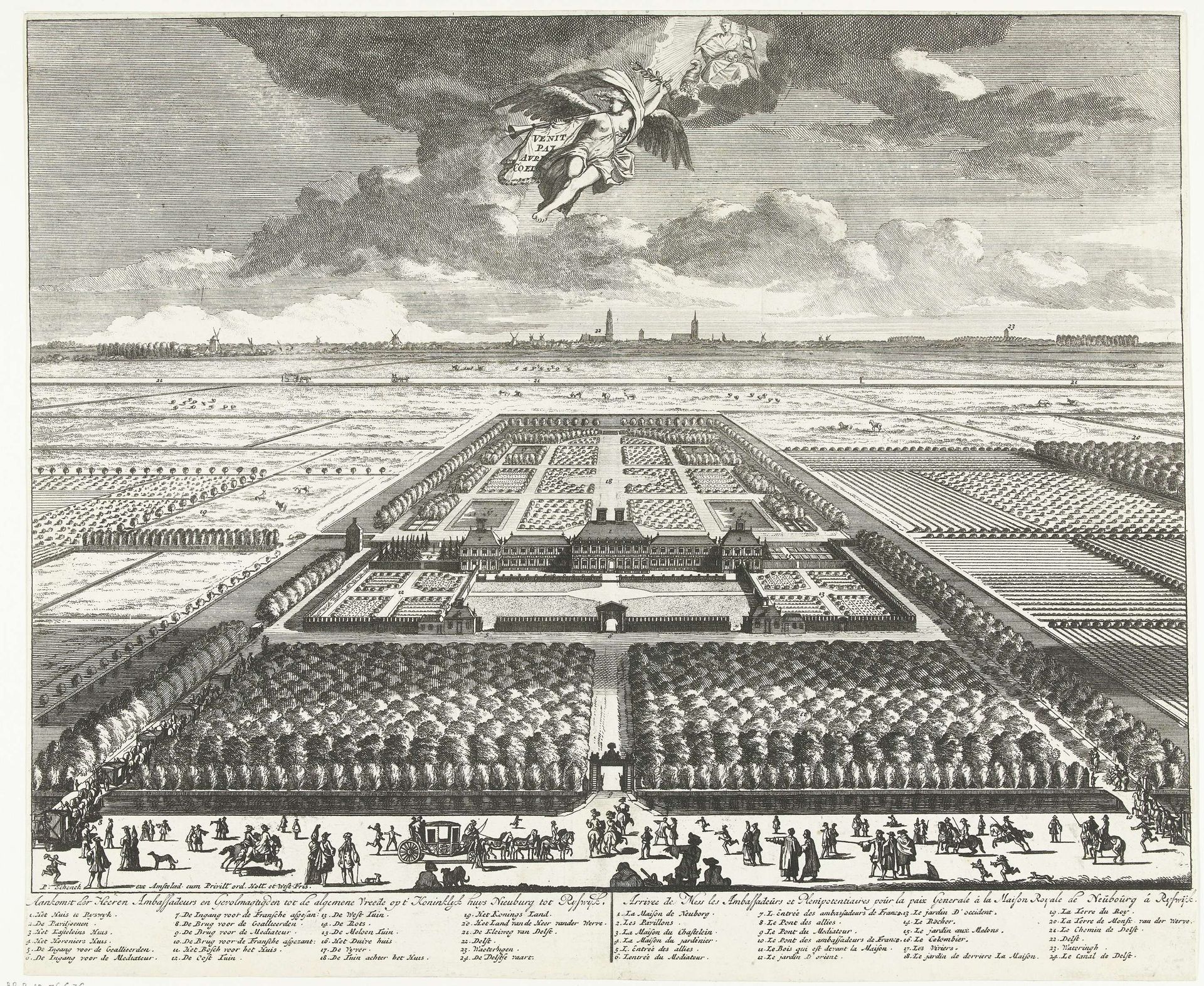 Gezicht op het Huis ter Nieuburch in Rijswijk met de aankomst van de vredesonderhandelaars, 1697 by Anonymous