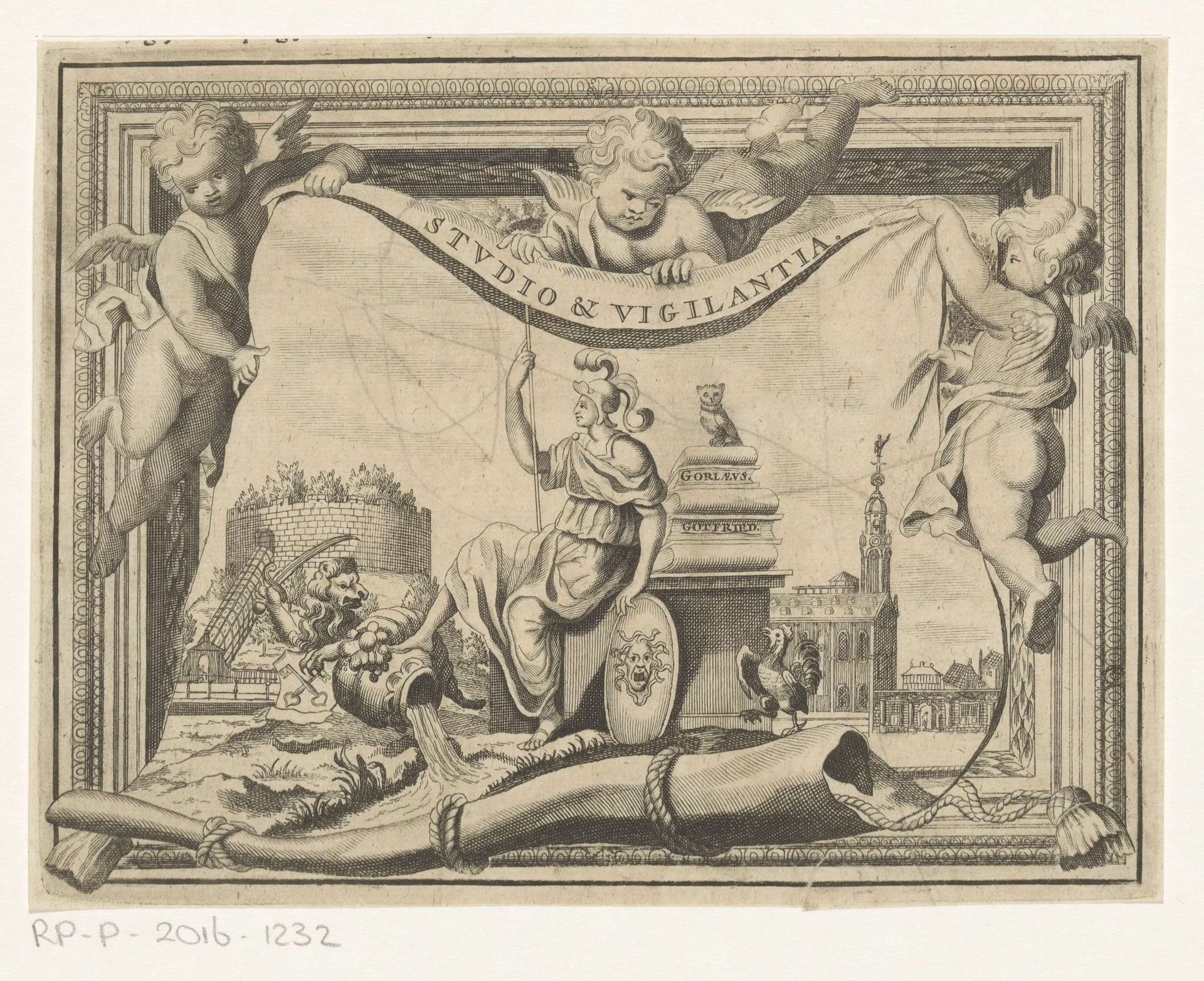 Vignet met Minerva en putti by Anonymous