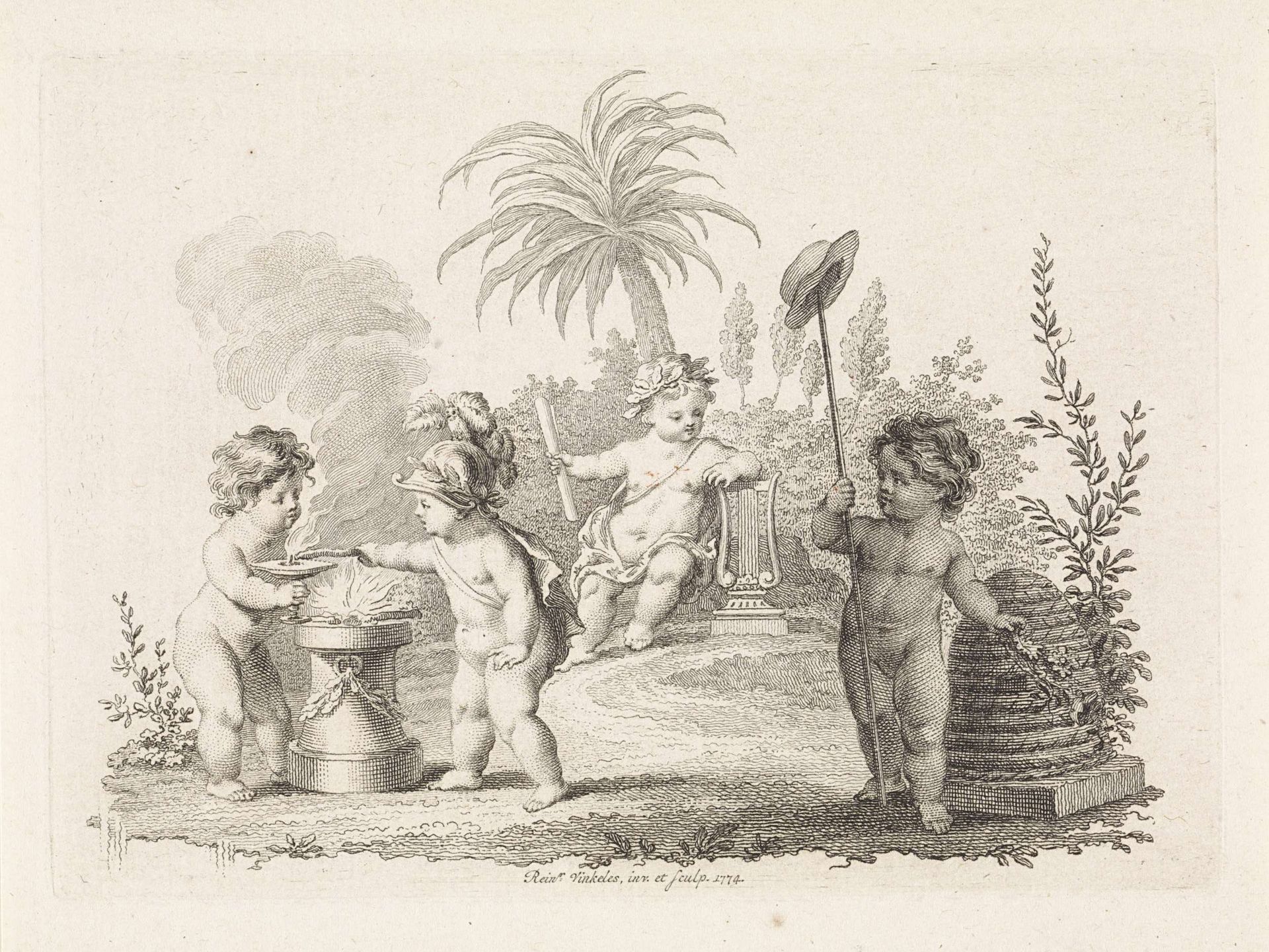 Vier putti met allegorische attributen by Reinier Vinkeles