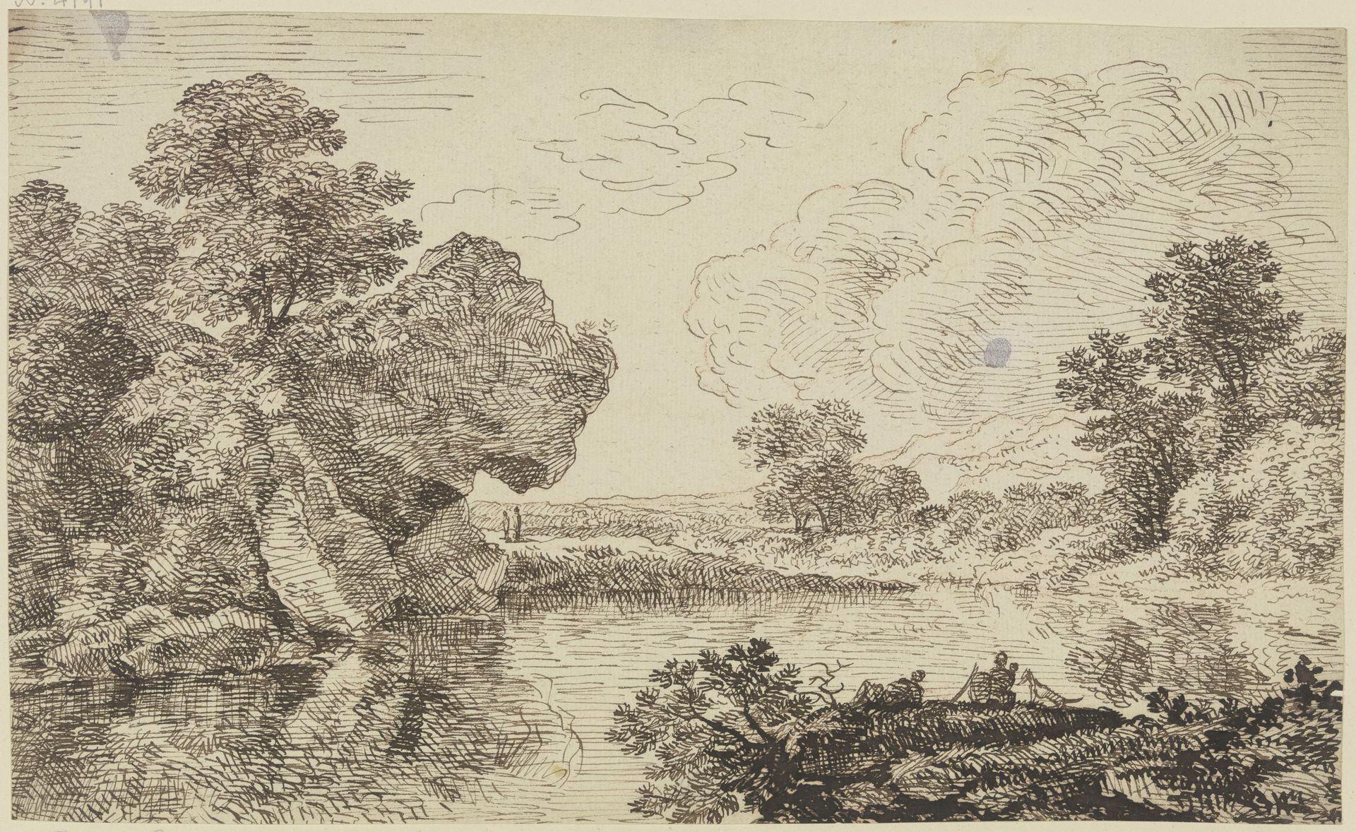 Flußlandschaft mit großem Felsen und Staffagefiguren by Franz Kobell