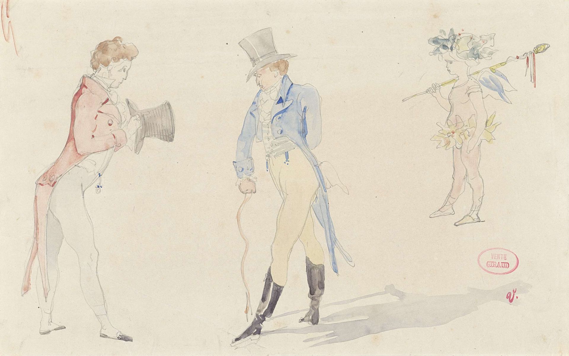 Licht schetsblad met twee elkaar ontmoetende dandies en een ballet-amour by Pierre François Eugène Giraud