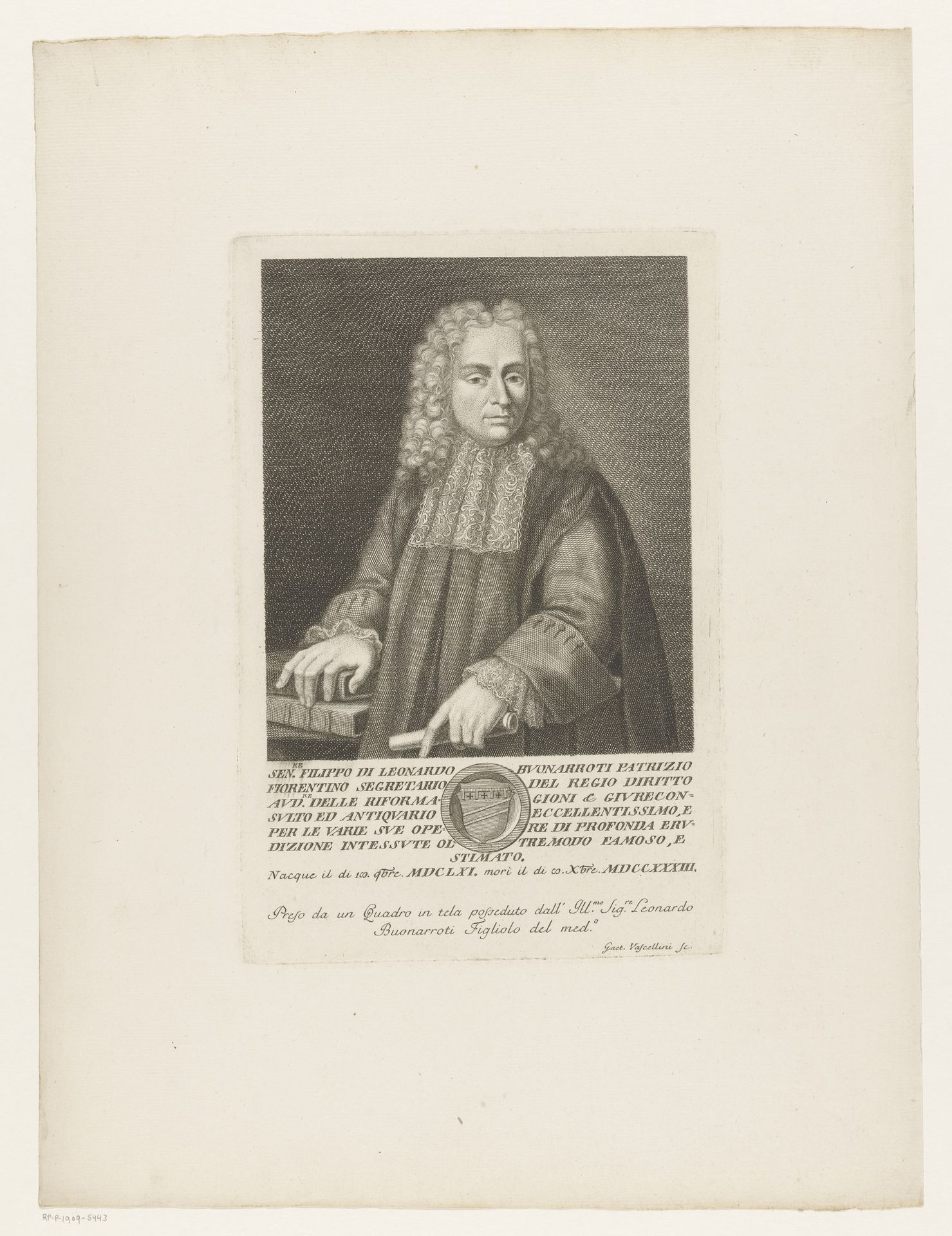 Portret van antiquair Filippo Buonarroti by Gaetano Vascellini