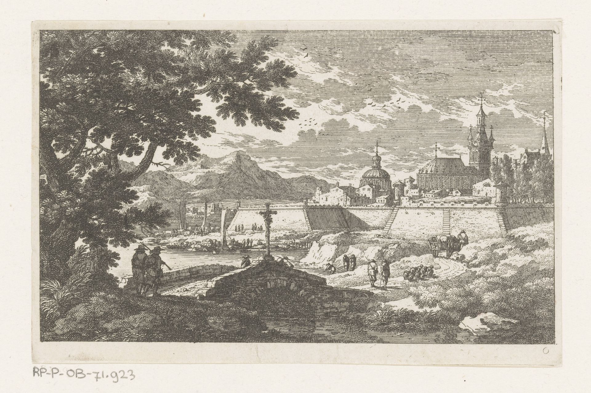 Stenen brug met kruis erop voor ommuurde stad by Nicolas Perelle