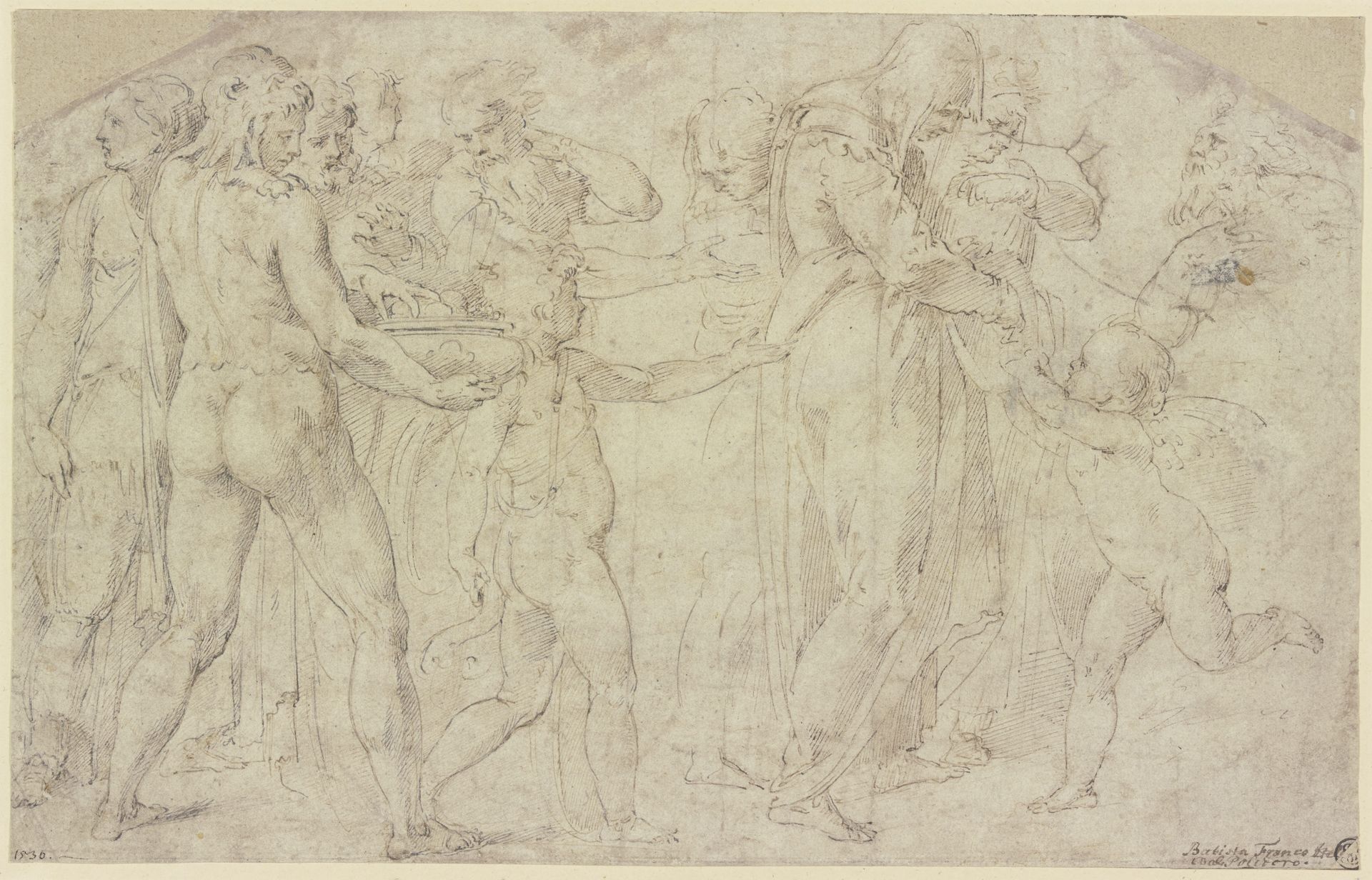 Herkules mit den Äpfeln der Hesperiden (_), eine Priesterin (_) mit herbei eilendem geflügelten Putto by Parmigianino
