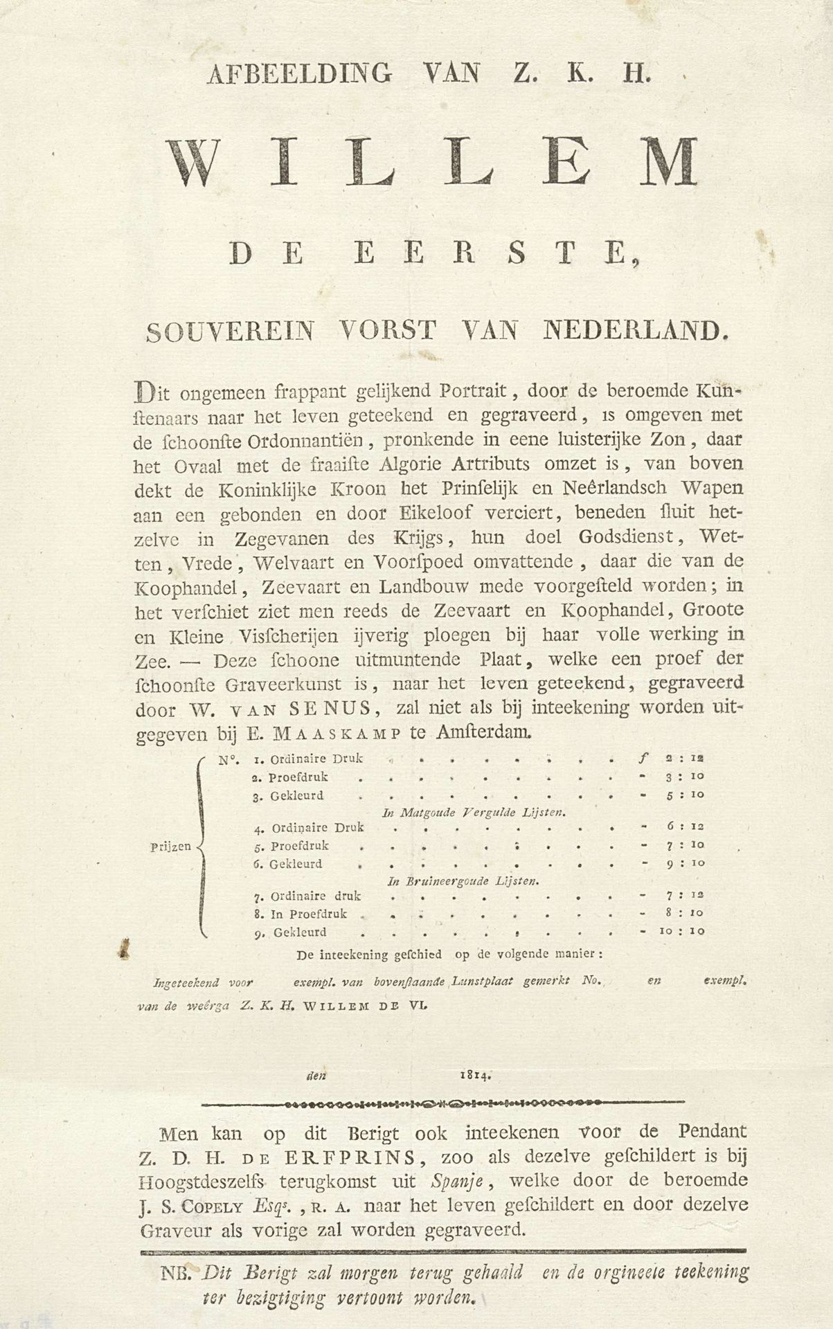 Intekenlijst behorende biij het portret van Willem I Frederik (koning der Nederlanden) by Evert Maaskamp