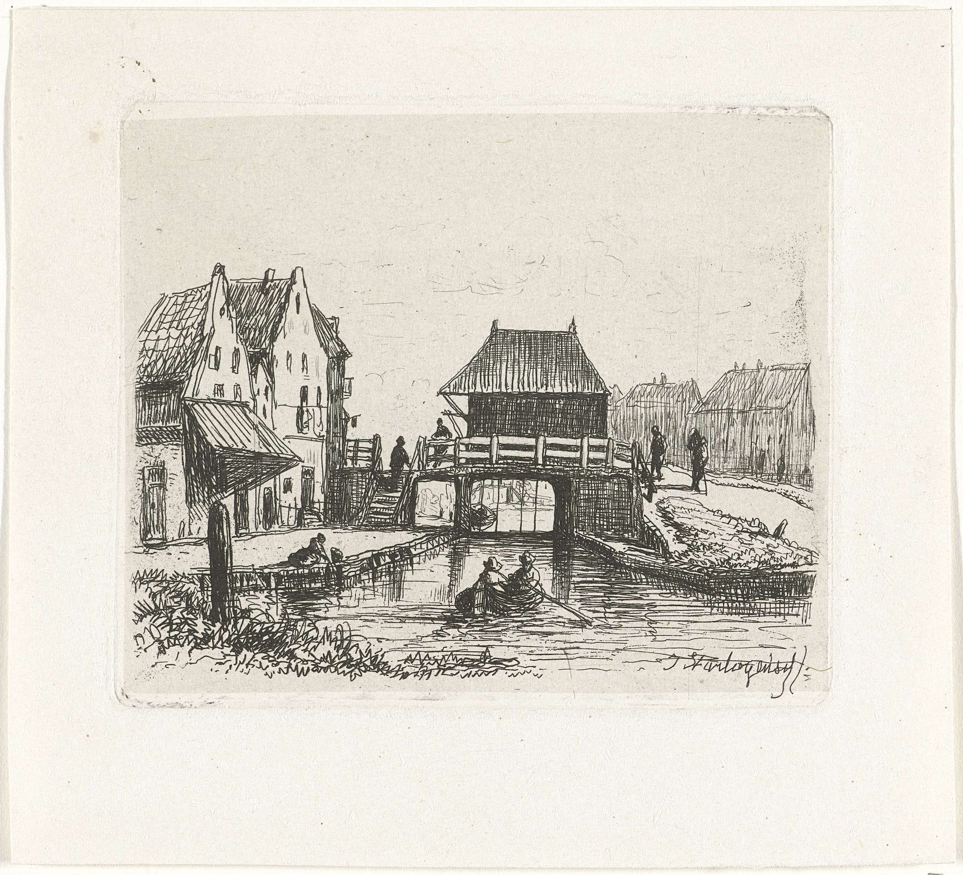 Gezicht op een brug over een gracht by Joseph Hartogensis