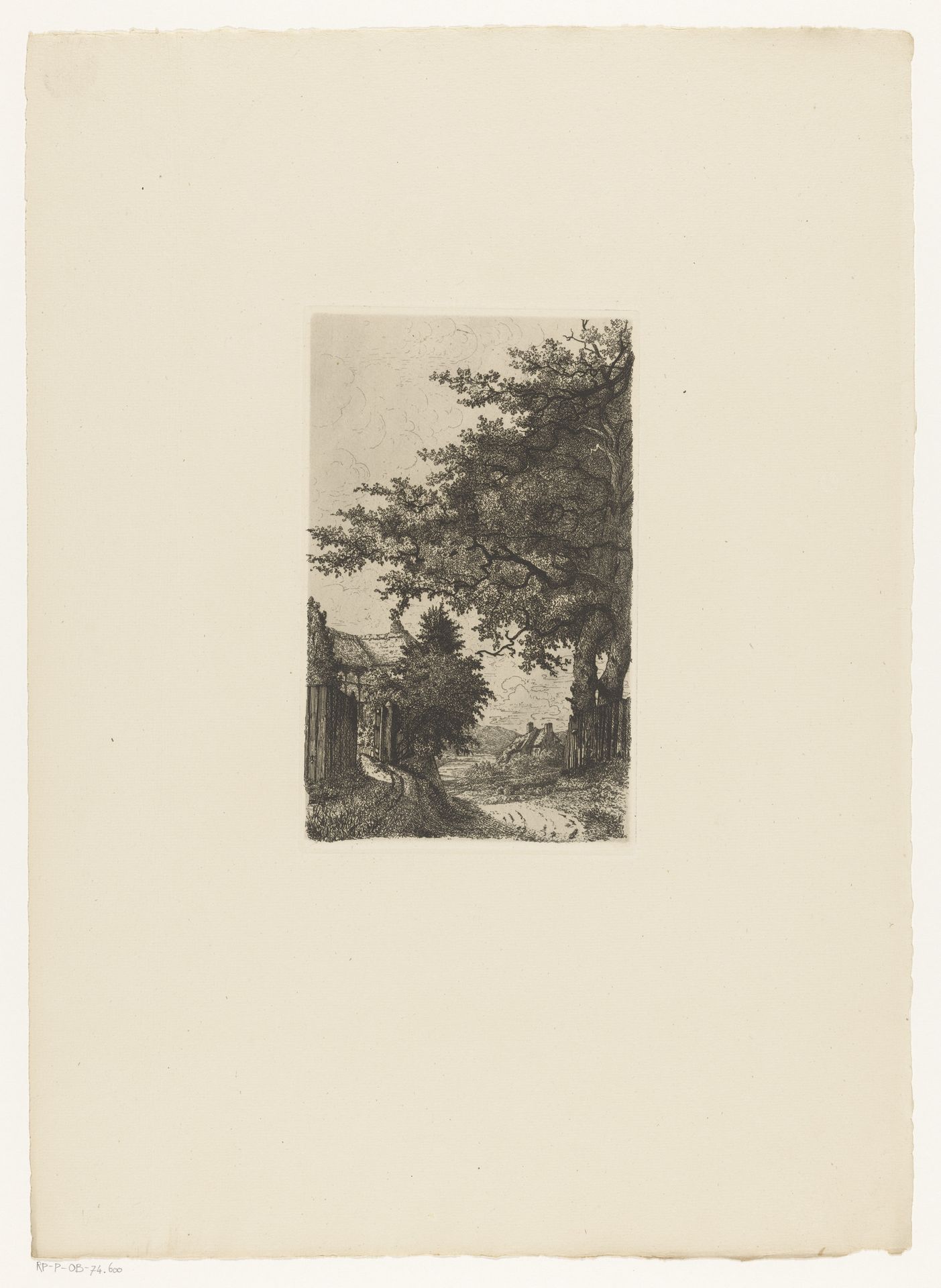 Hoge bomen en huisjes langs pad by Victor-Jules Vaillant