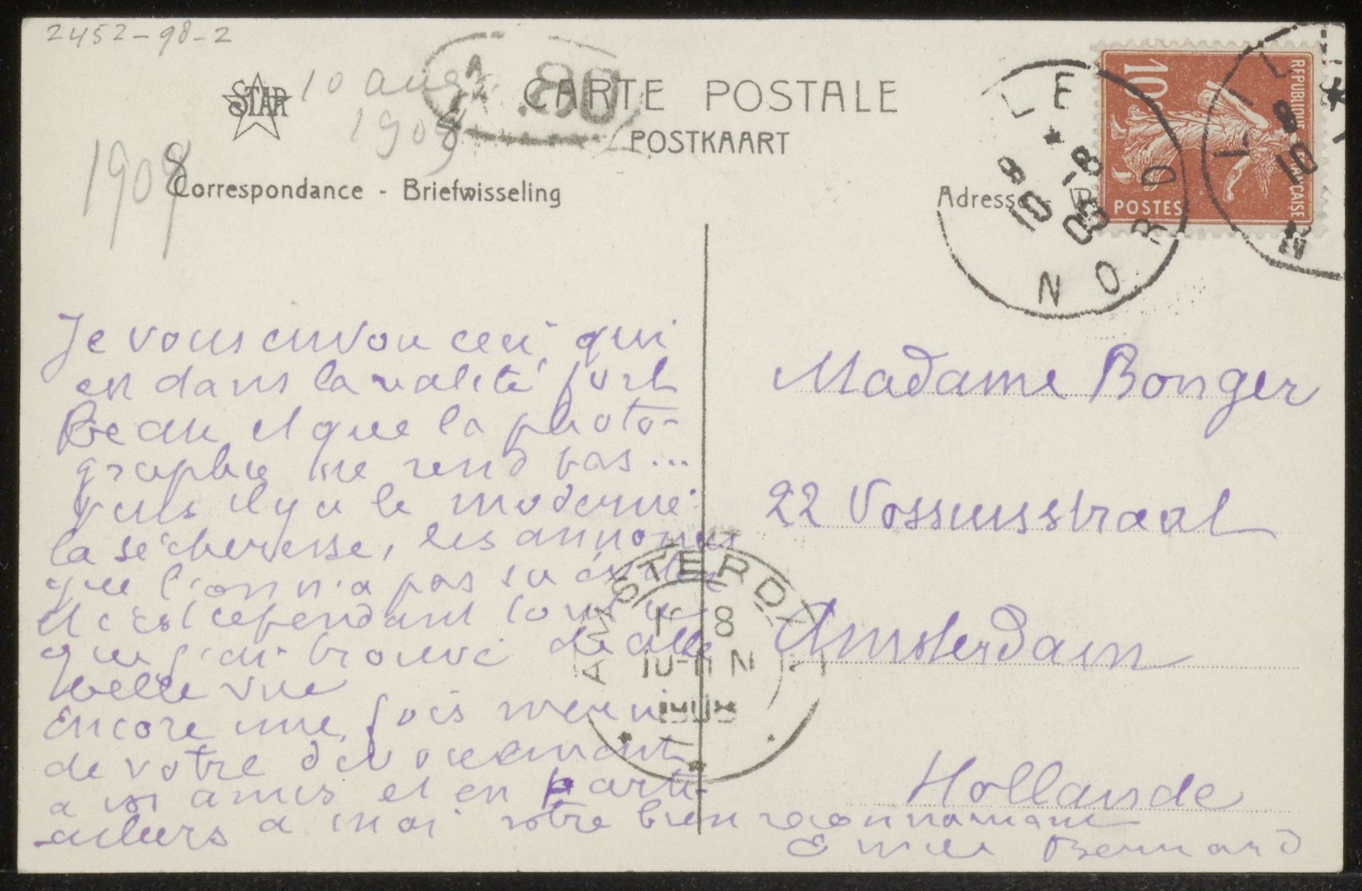 Prentbriefkaart aan Anne Marie Louise van der Linden by Emile Bernard