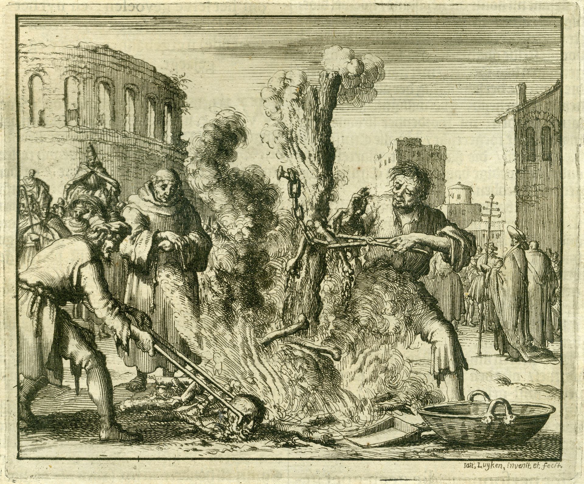 Burning of Arnoldus, Teacher from Brixen, Rome, AD 1145 by Jan Luyken