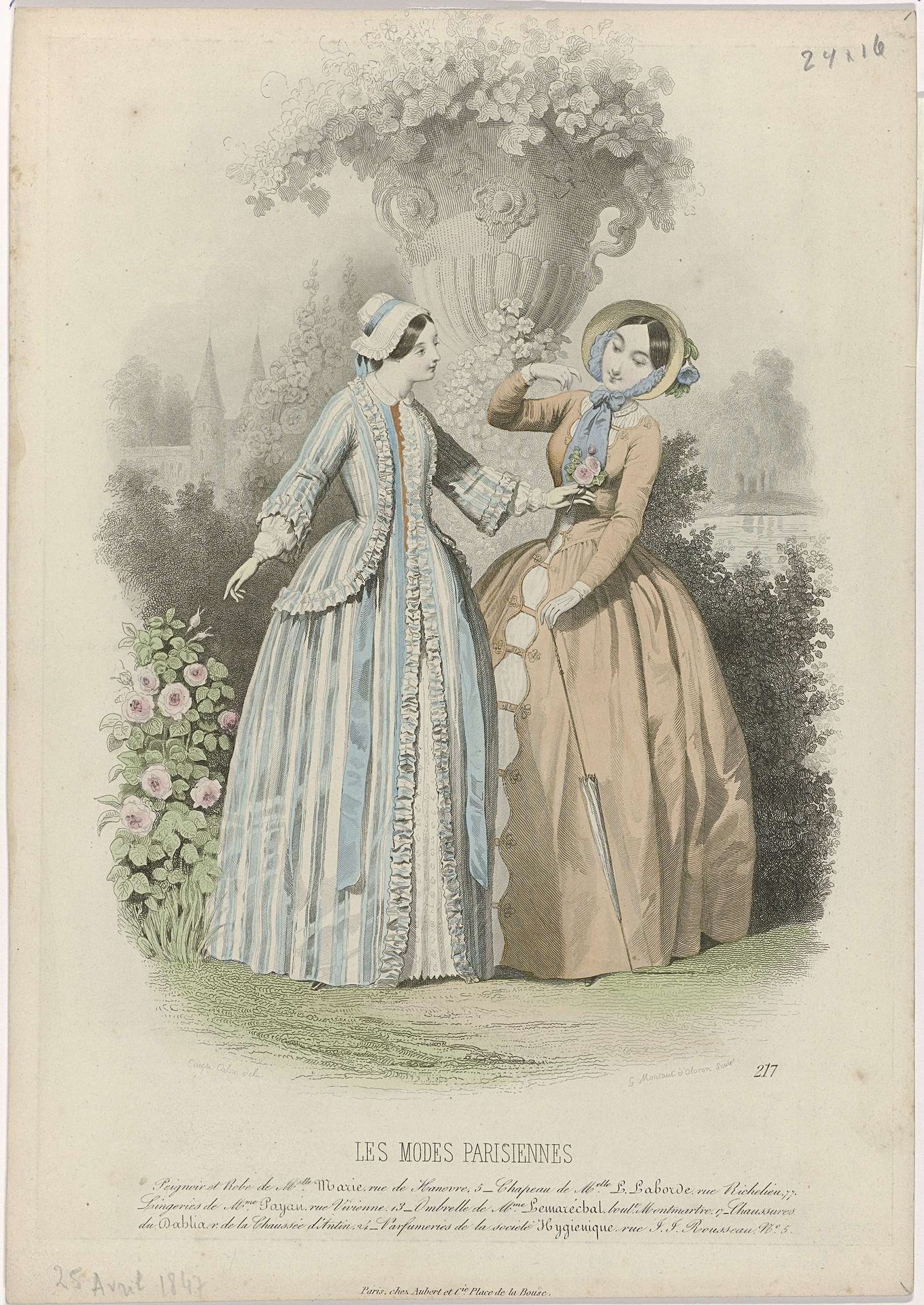 Les Modes Parisiennes, 25 avril 1847, No. 217 : Peignoir et Robe de Melle Mari (...) by Montaut d'Oleron. Gabriel Xavier