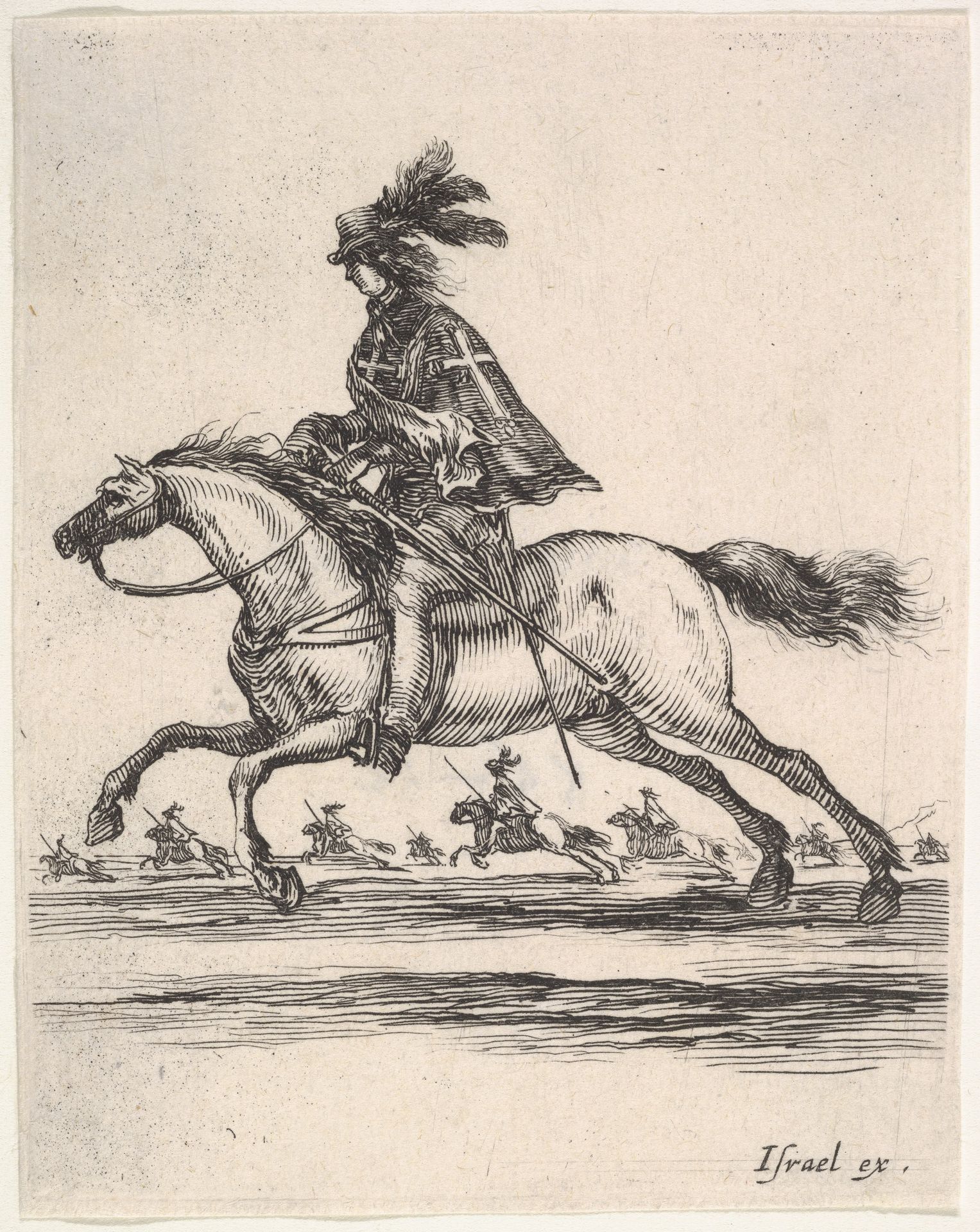 A muskateer galloping towards the left, other horsemen galloping towards the left in background, from 'Various cavalry exercises' (Diverses exercices de cavalerie) by Stefano della Bella