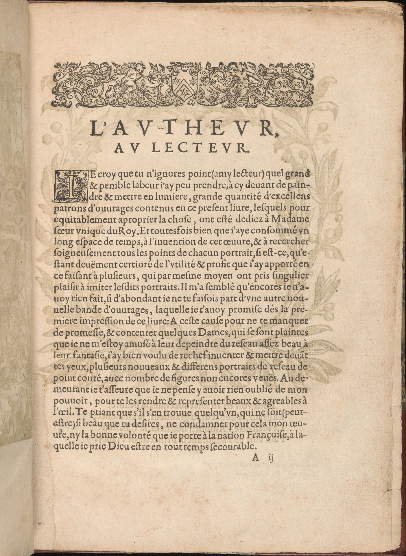 Les Secondes Oeuvres, et Subtiles Inventions De Lingerie du Seigneur Federic de Vinciolo Venitien, page 2 (recto) by Federico de Vinciolo