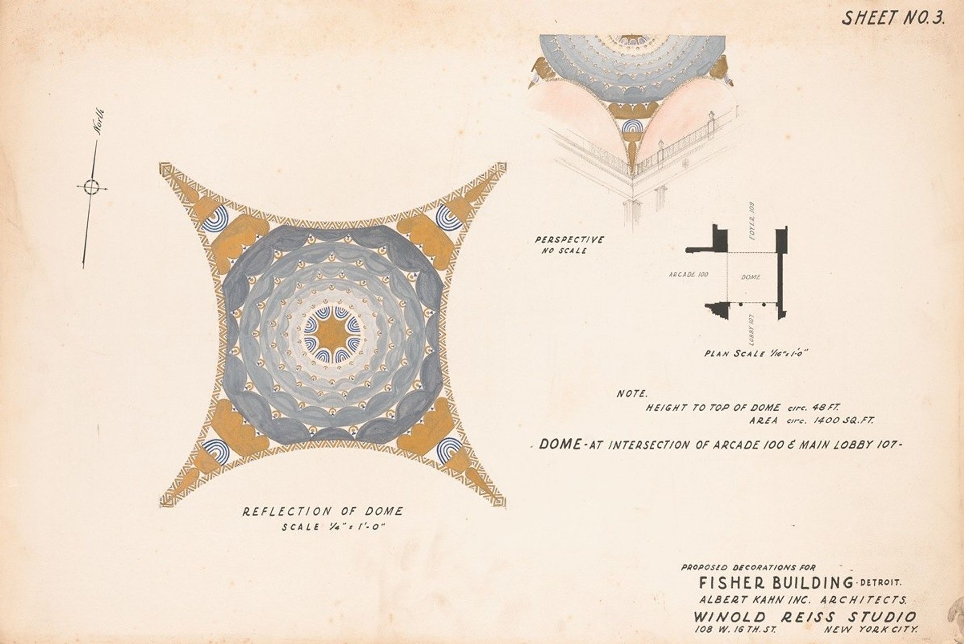 Proposed decorations for Fisher Building, Detroit, MI.] [Sheet No. 3, Dome at intersection of arcade 100 and Main Lobby 107 by Winold Reiss
