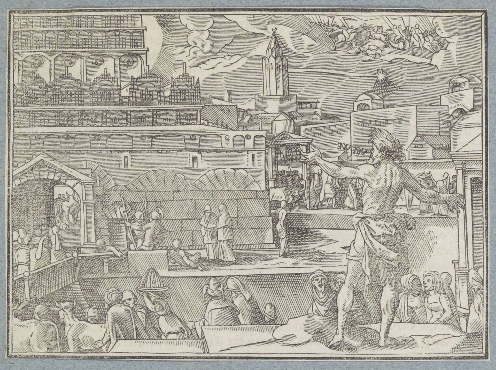 Ruiters met lansen verschijnen in de hemel boven Jeruzalem by Christoffel van Sichem I