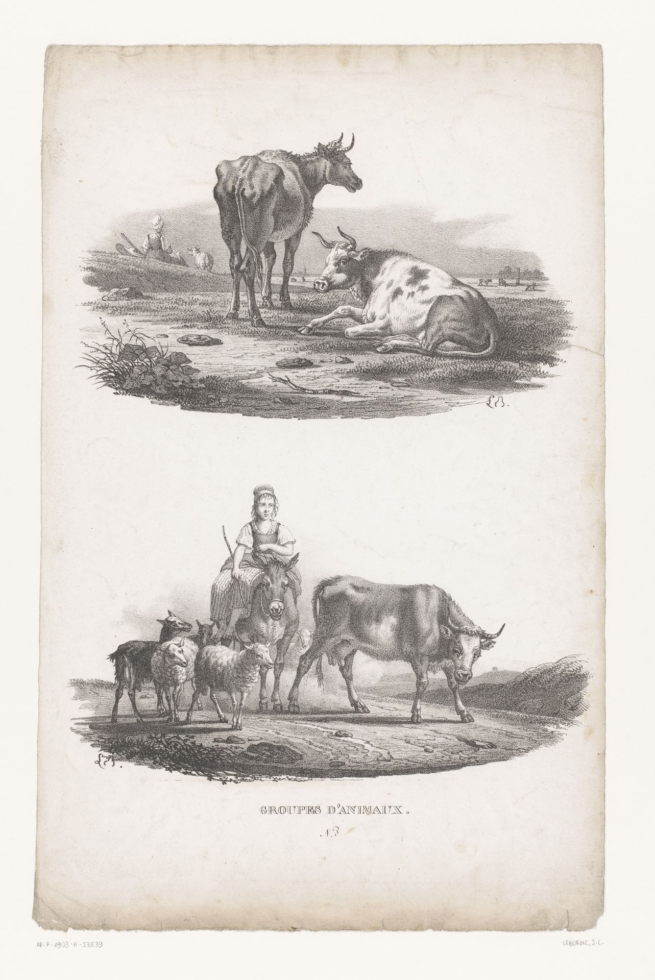 Twee koeien en herderin op een ezel met vee by Joseph Louis Leborne