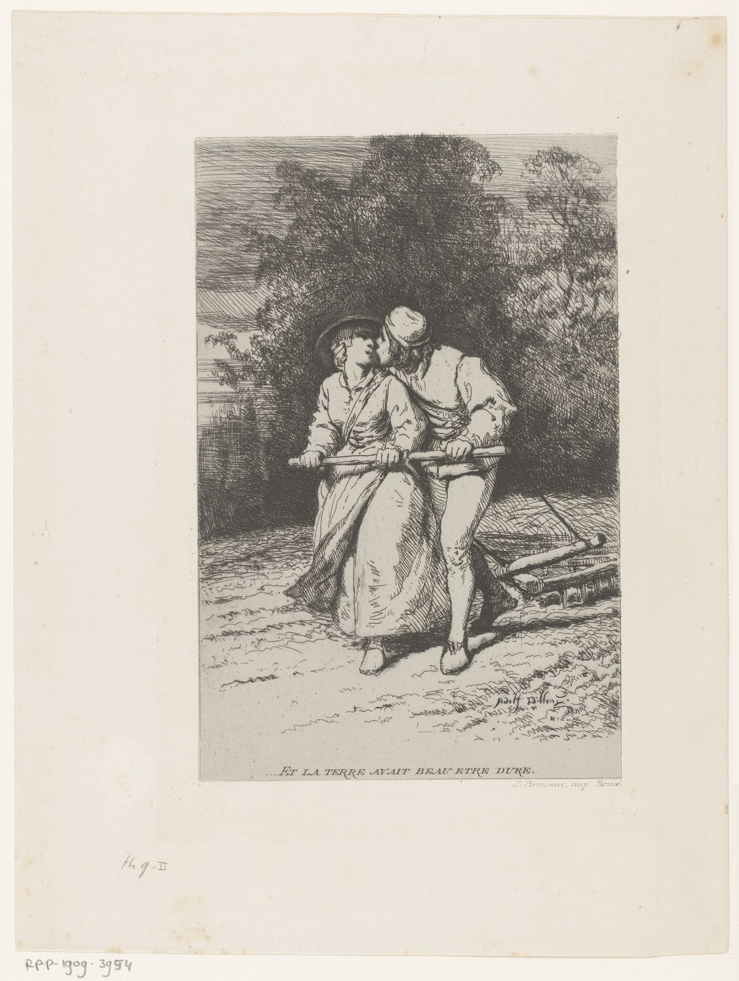 Jonge man en vrouw ploegen samen de grond terwijl de man de vrouw kust by Adolphe Alexandre Dillens
