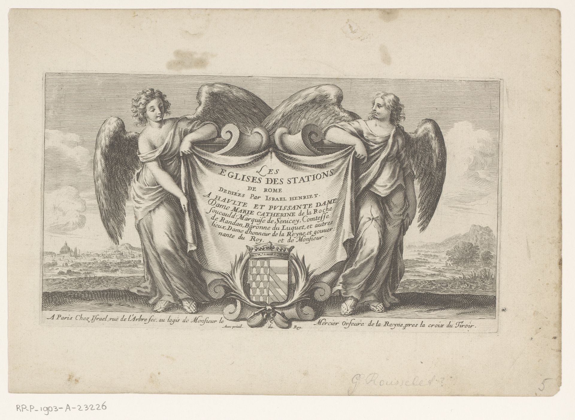 Titelprent met twee engelen en draperie by Gilles Rousselet