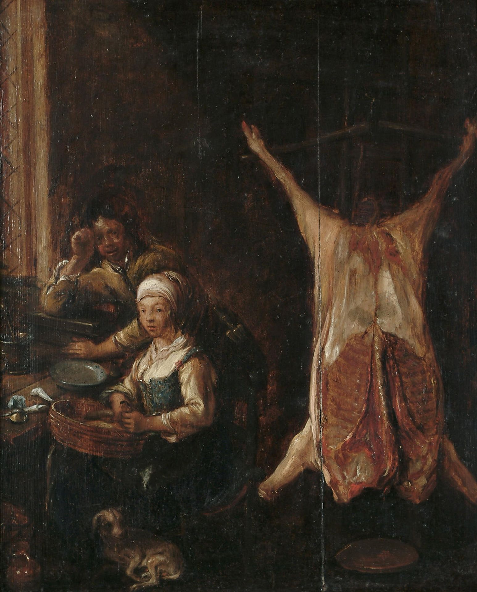 Two Peasants in a Kitchen Interior with a Pig's Carcass Hanging Nearby by Jan Miense Molenaer
