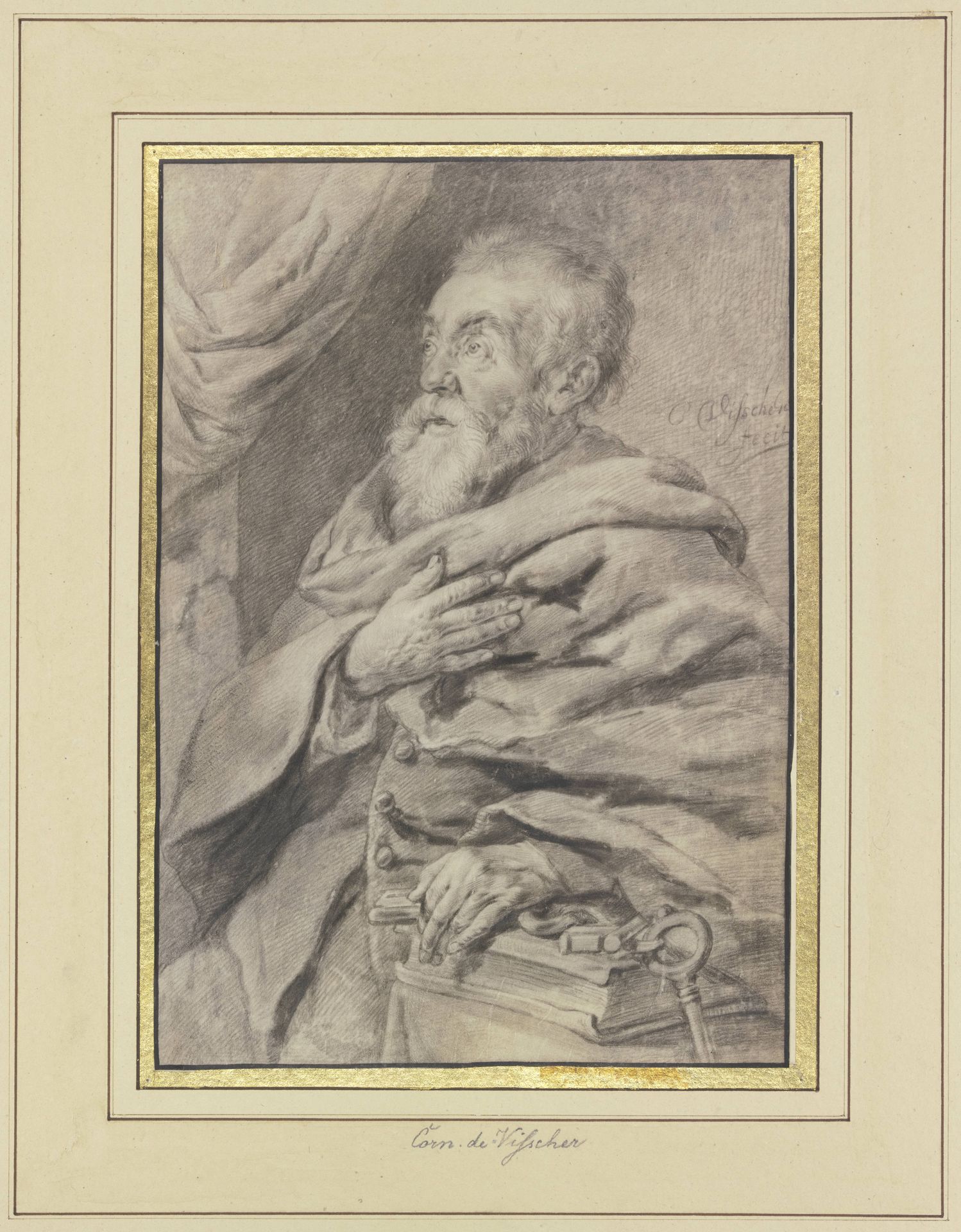 Der Heilige Petrus, die linke Hand auf einem Buche und den Schlüssel haltend, die rechte auf der Brust by Cornelis Visscher